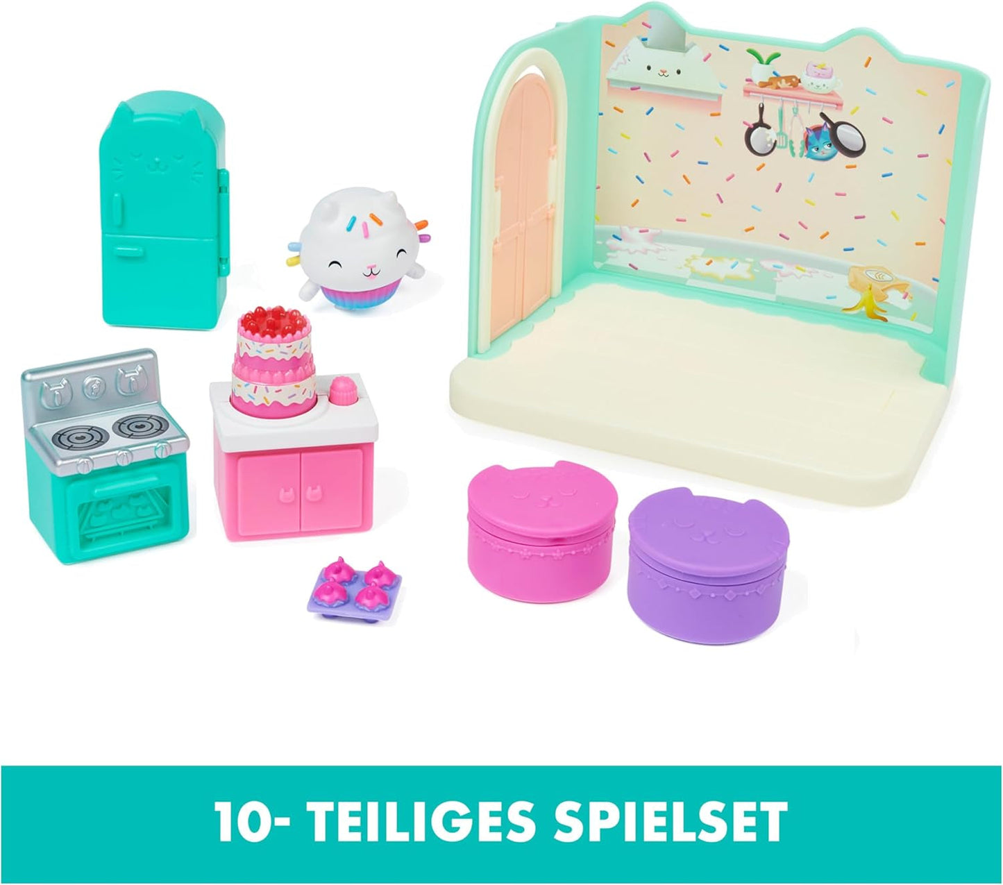 CASA DE MUÑECAS GABBY'S DREAMWORKS - Habitación Deluxe, confitería Cakey, cocina Kuchi (rumano: Cakey), 3 muebles y 2 cajas sorpresa con accesorios, apto para niños a partir de 3 años