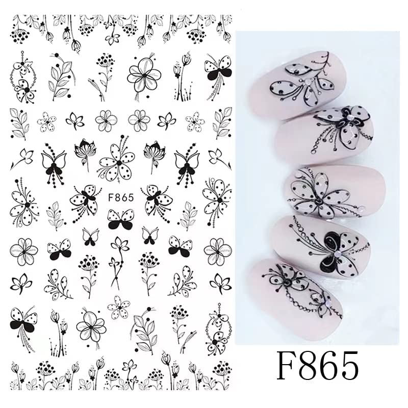 JMEOWIO Nagelsticker Blumen 10 Blatt Nagelaufkleber Selbstklebend Negro Blanco Flor Nail Art Sticker Decoración Nageldesign Zubehör