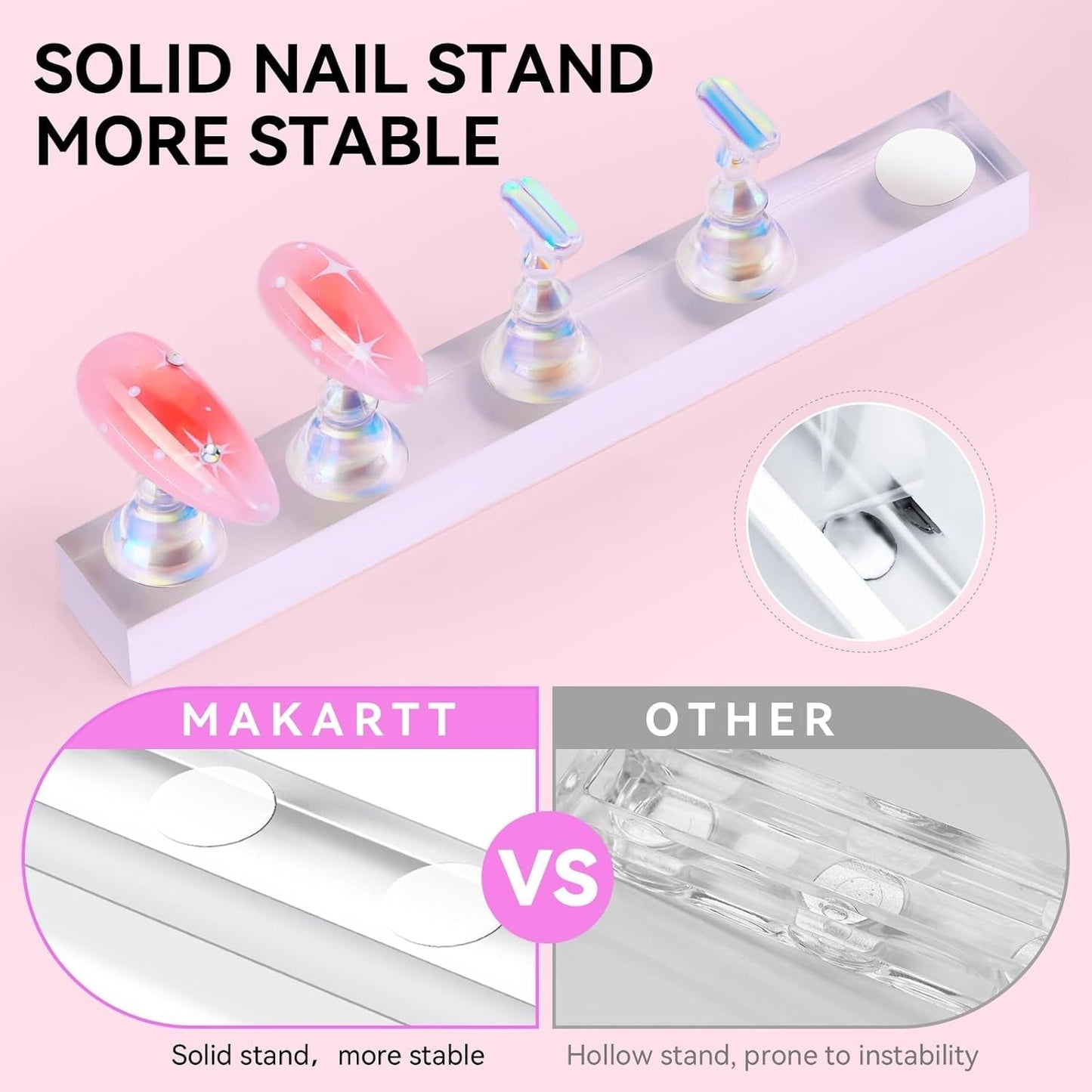 Makartt Soporte para uñas acrílico, soporte magnético para uñas, soporte para uñas, soporte para uñas transparente rosa con 48 masillas adhesivas
