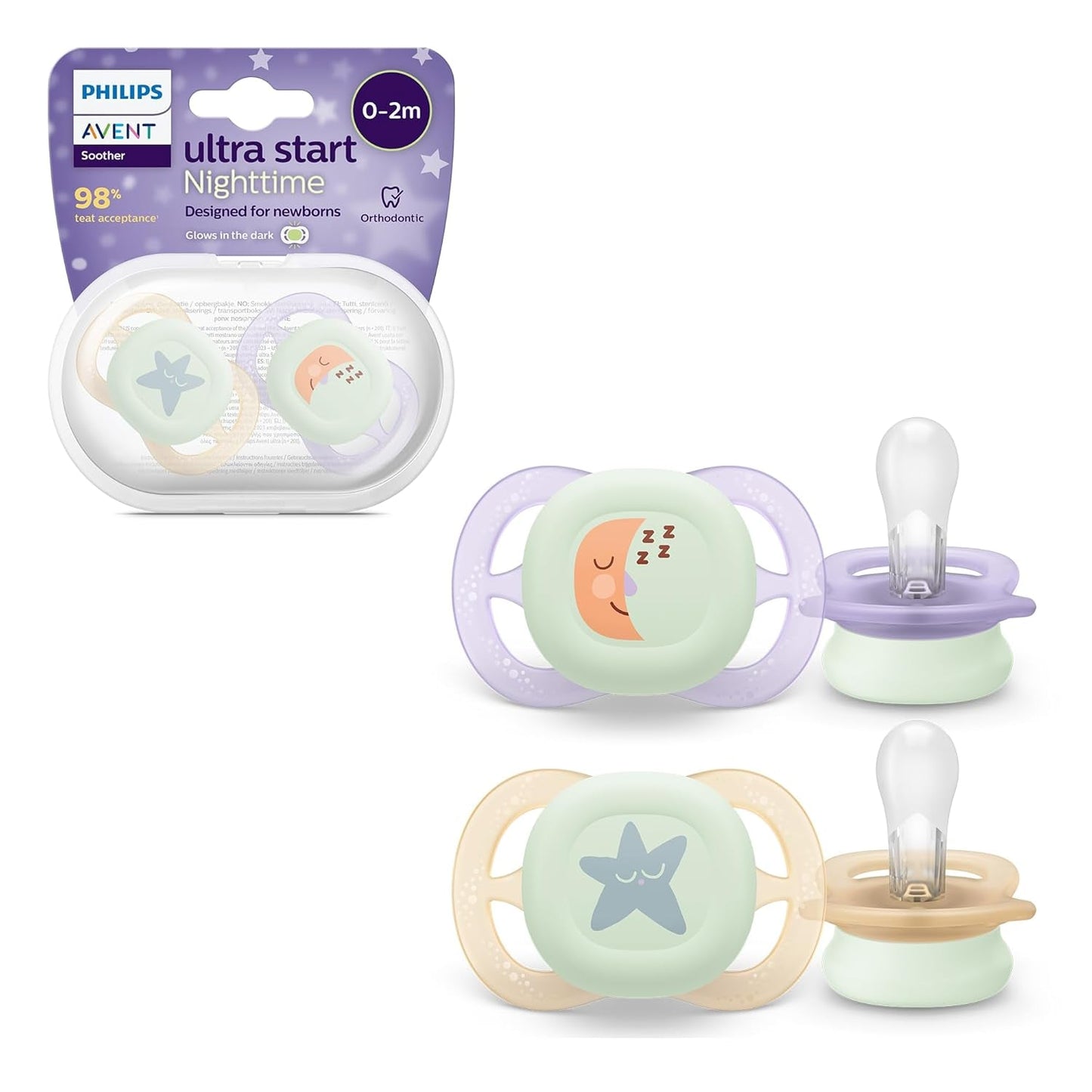 Philips AVENT Chupete nocturno Ultra Start, Chupete ortodóntico para recién nacidos, Brilla en la oscuridad, Sin BPA, con contenedor de esterilización, Paquete doble, Luna, Estrella, SCF075/07