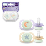 Philips AVENT Chupete nocturno Ultra Start, Chupete ortodóntico para recién nacidos, Brilla en la oscuridad, Sin BPA, con contenedor de esterilización, Paquete doble, Luna, Estrella, SCF075/07