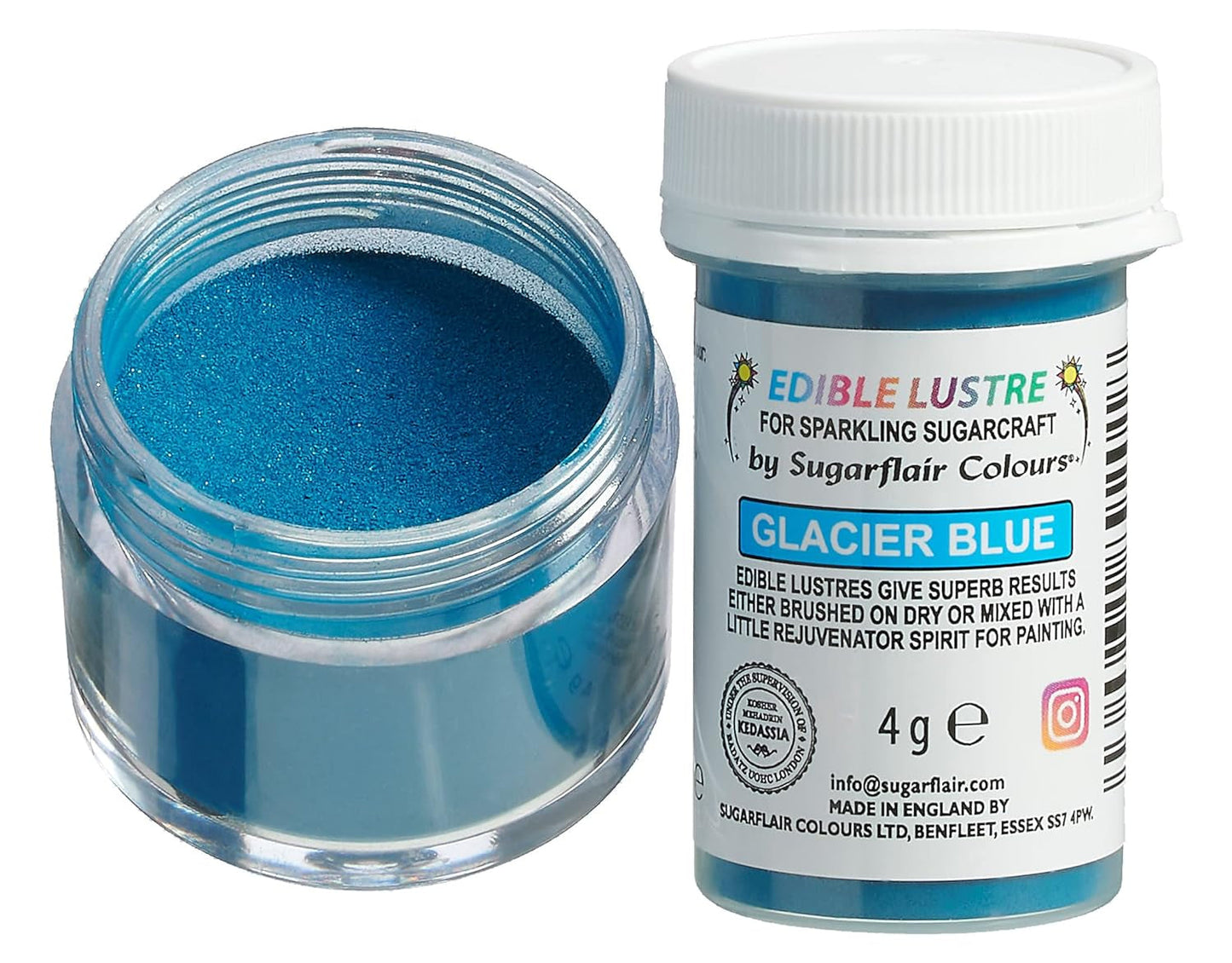 Colorante comestible Sugarflair Lustre, azul glaciar, polvo de brillo comestible para pasteles, magdalenas, chocolate, pasteles, postres, helados, bebidas, cócteles y más, 4 g