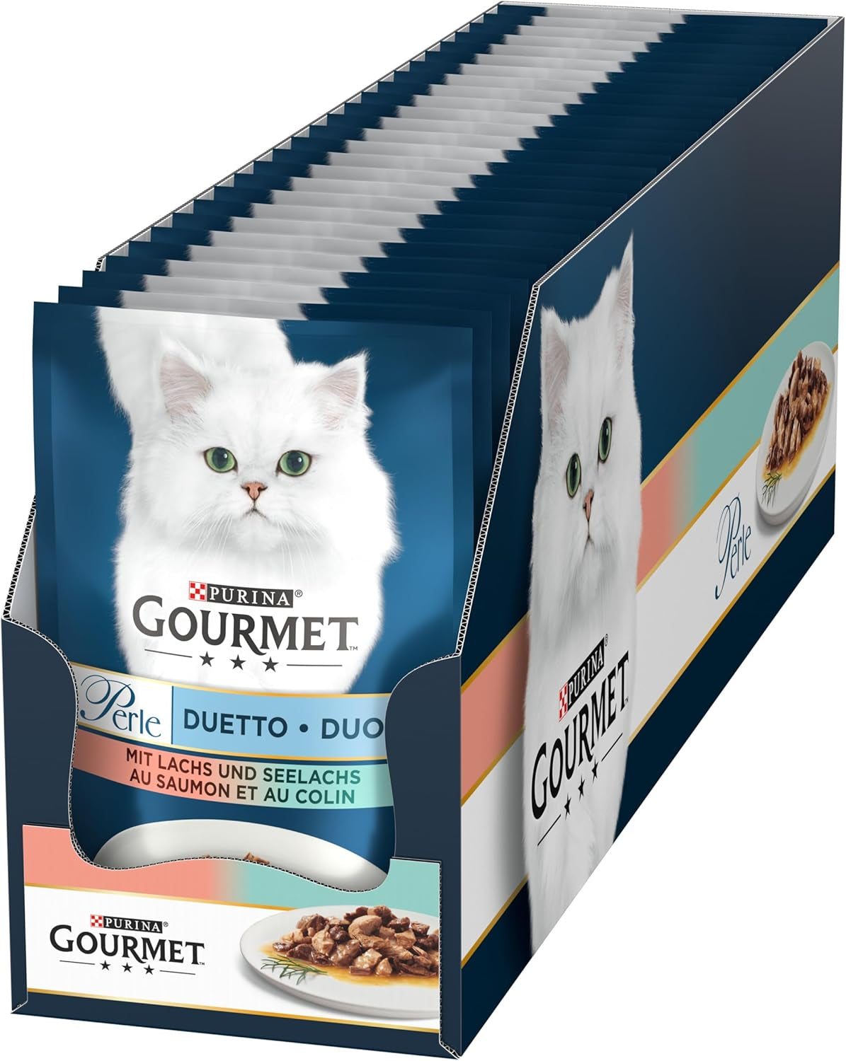 Gourmet Perle Duetto comida húmeda para gatos con salmón y bacalao amarillo, paquete de 26 (26 x 85 g)