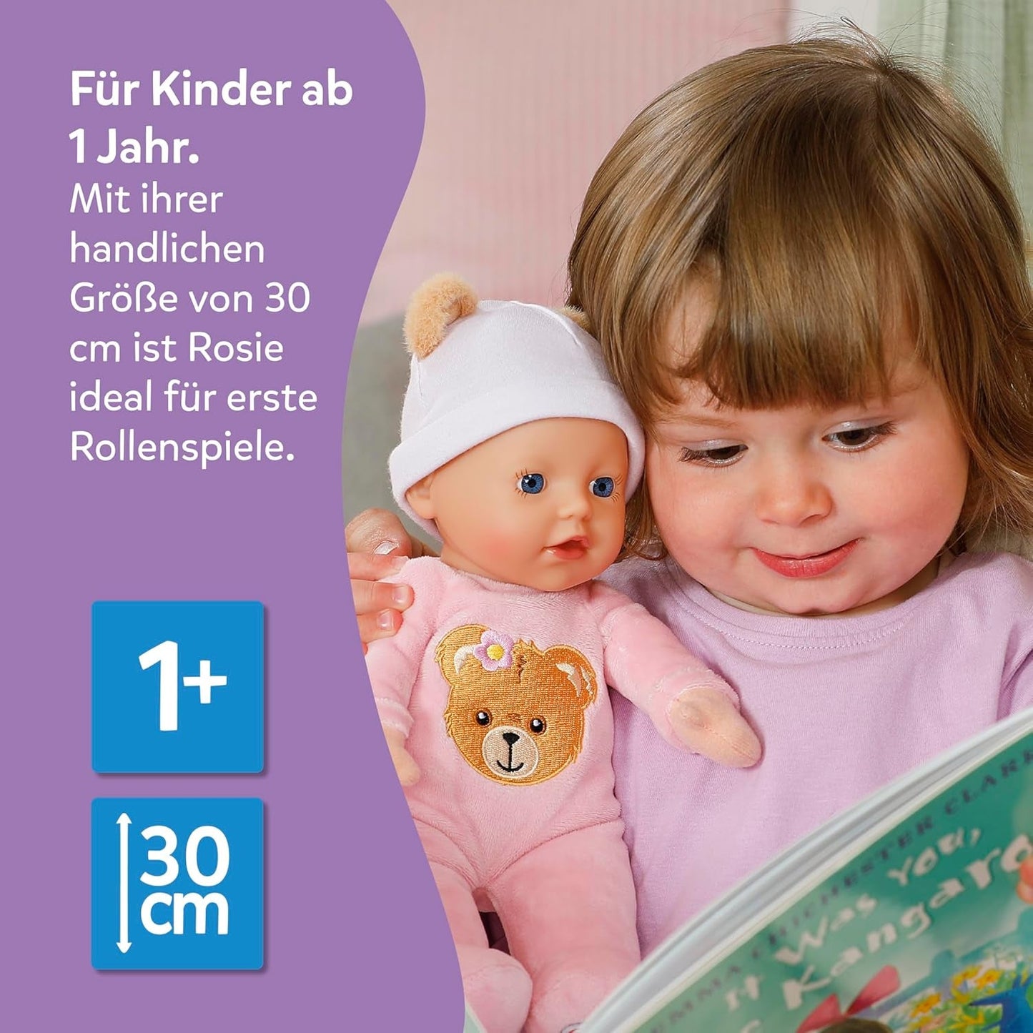 Baby Born Rosie muñeca blanda 30 cm con 6 sonidos y biberón, rosa