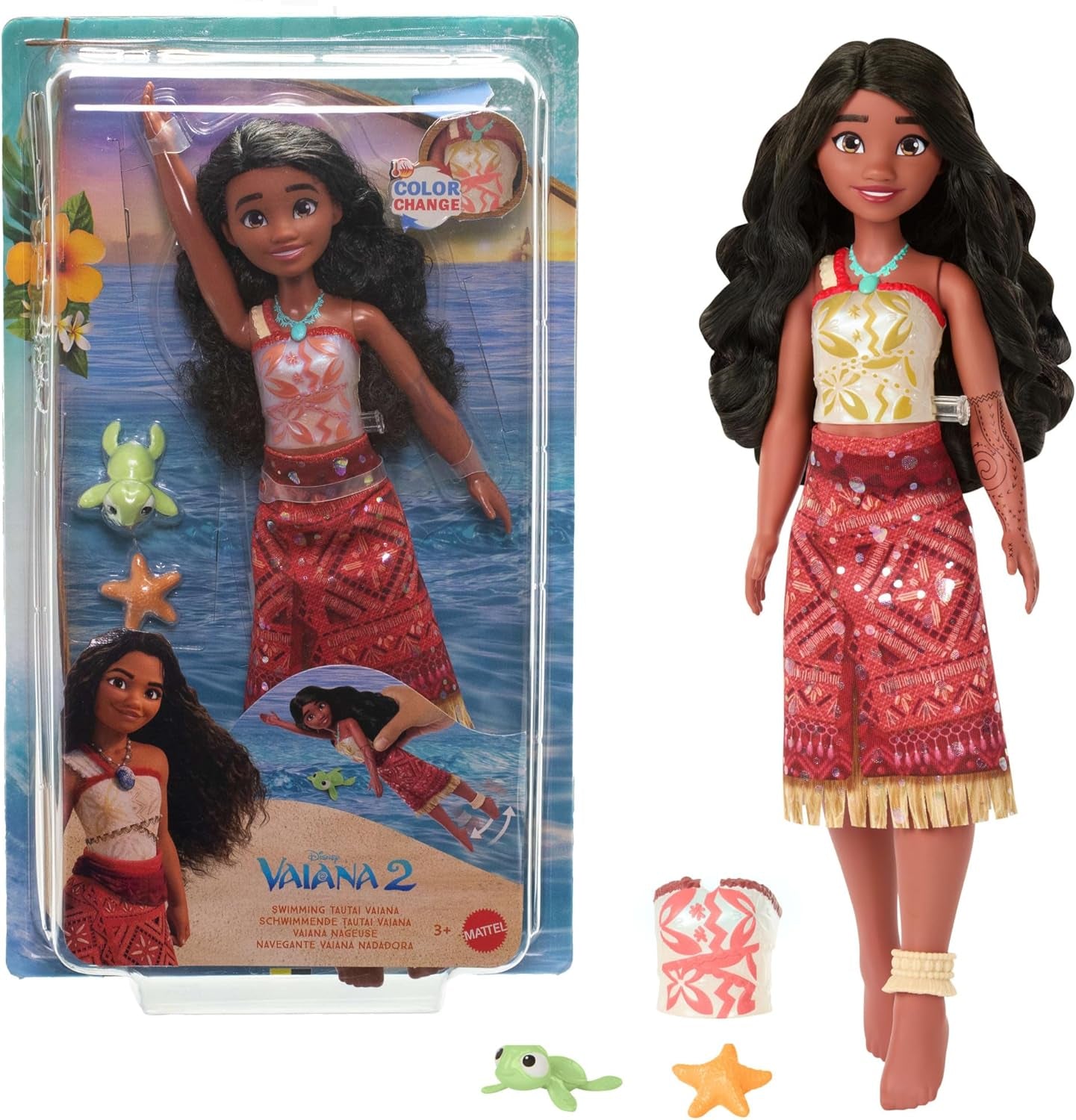 Mattel Toys Disney Moana 2 Tautai Moana Muñeca de moda para nadar con 2 accesorios, parte superior y piernas que cambian de color para movimientos de natación inspirados en la película JFF09
