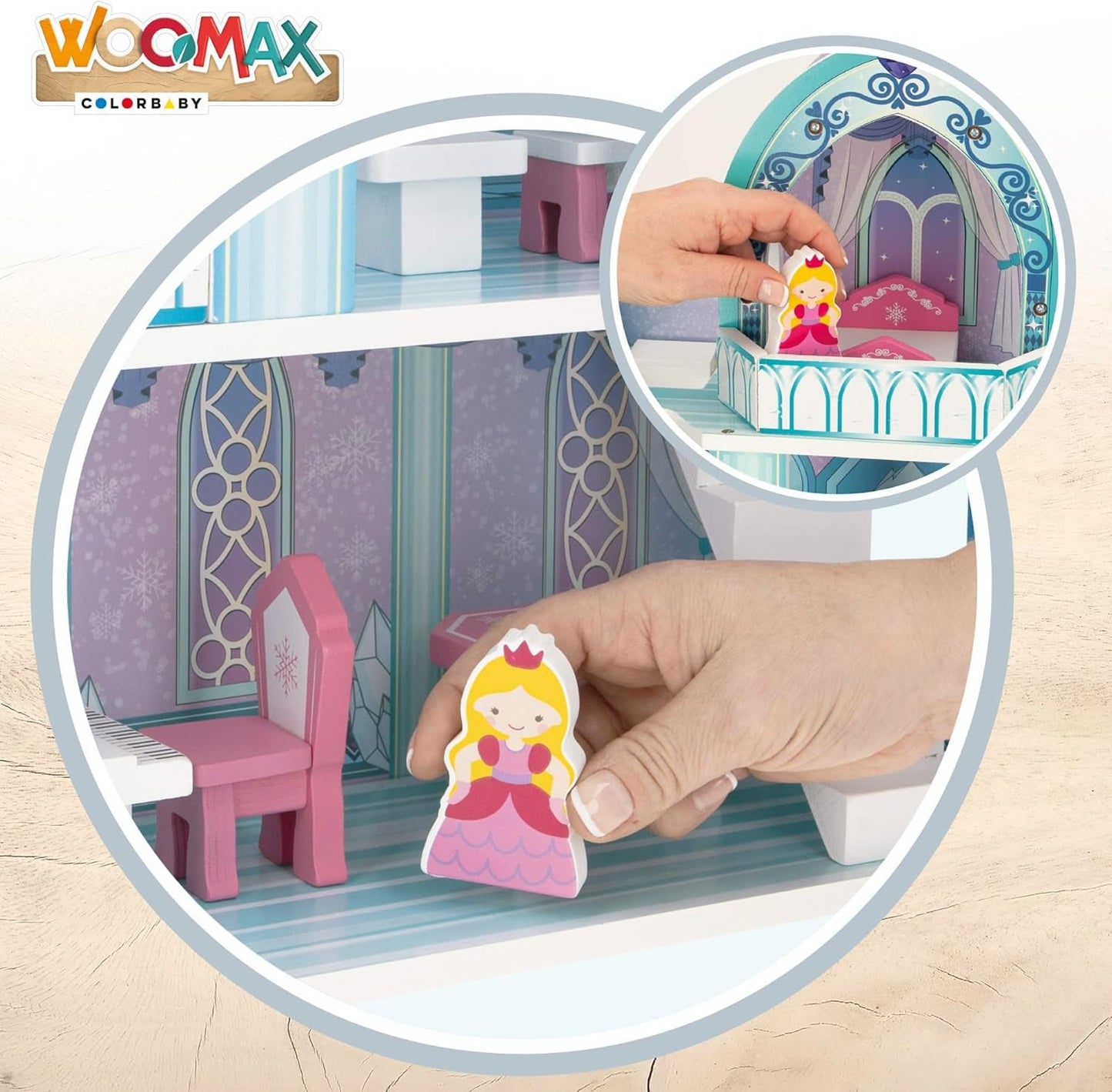 Casa de Muñecas de Madera, Castillos de Princesas de Madera, Casas de Muñecas, 3 Plantas, Castillos de Princesas, 9 Piezas de Madera, 37x15x53.5cm, Juguete de Madera, Edades 3+