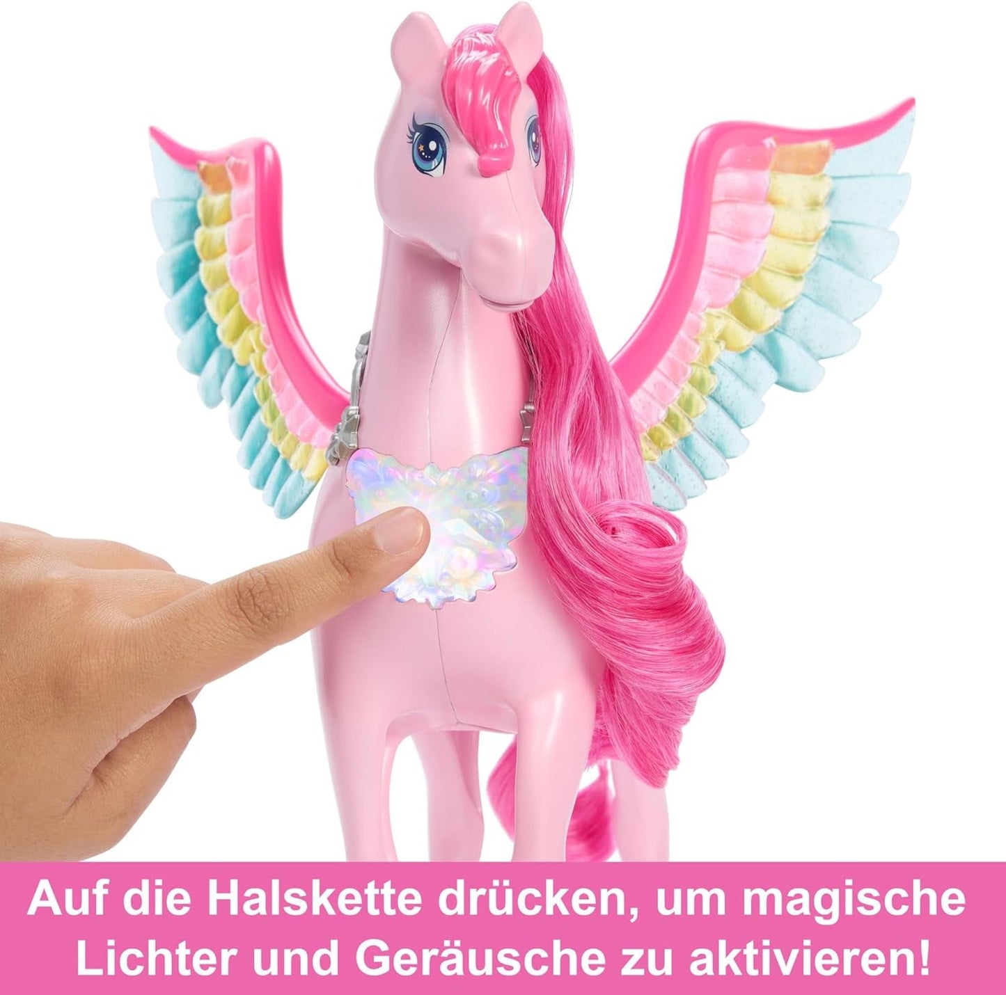 Barbie Pegasus Magic Hide and Seek - Juguete interactivo con luces y sonidos, 10 accesorios, alas de arcoíris, para edades de 3 años en adelante, HLC41