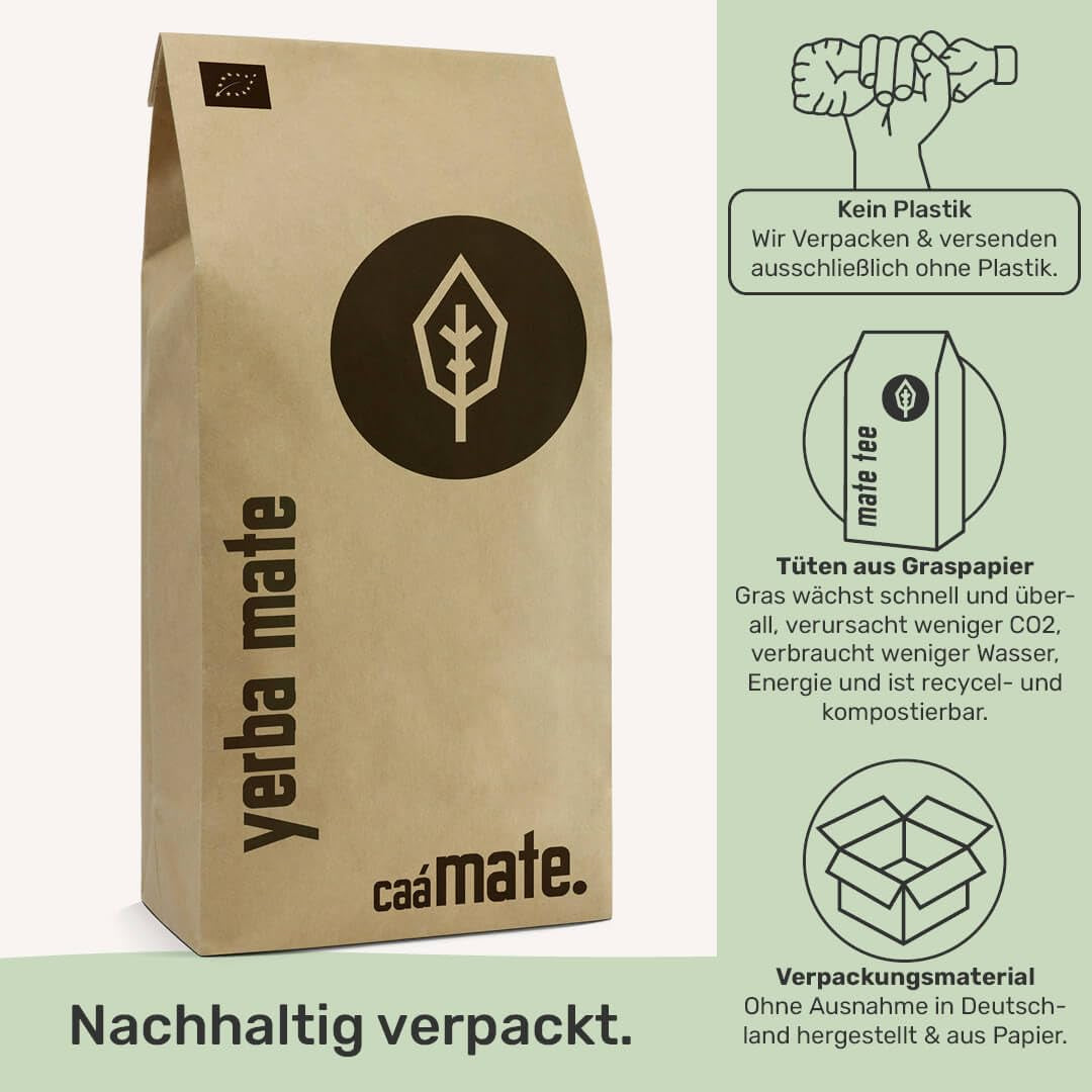 Té Yerba Mate BIO 1 kg ● Original ● Maduro ● Sin tostar ● Secado al aire ● Sin humo ● Sin plástico ● Comercio justo ● Mate de hojas de yerba, trozos de yerba y polvo de hojas de yerba ● DE-ÖKO-006