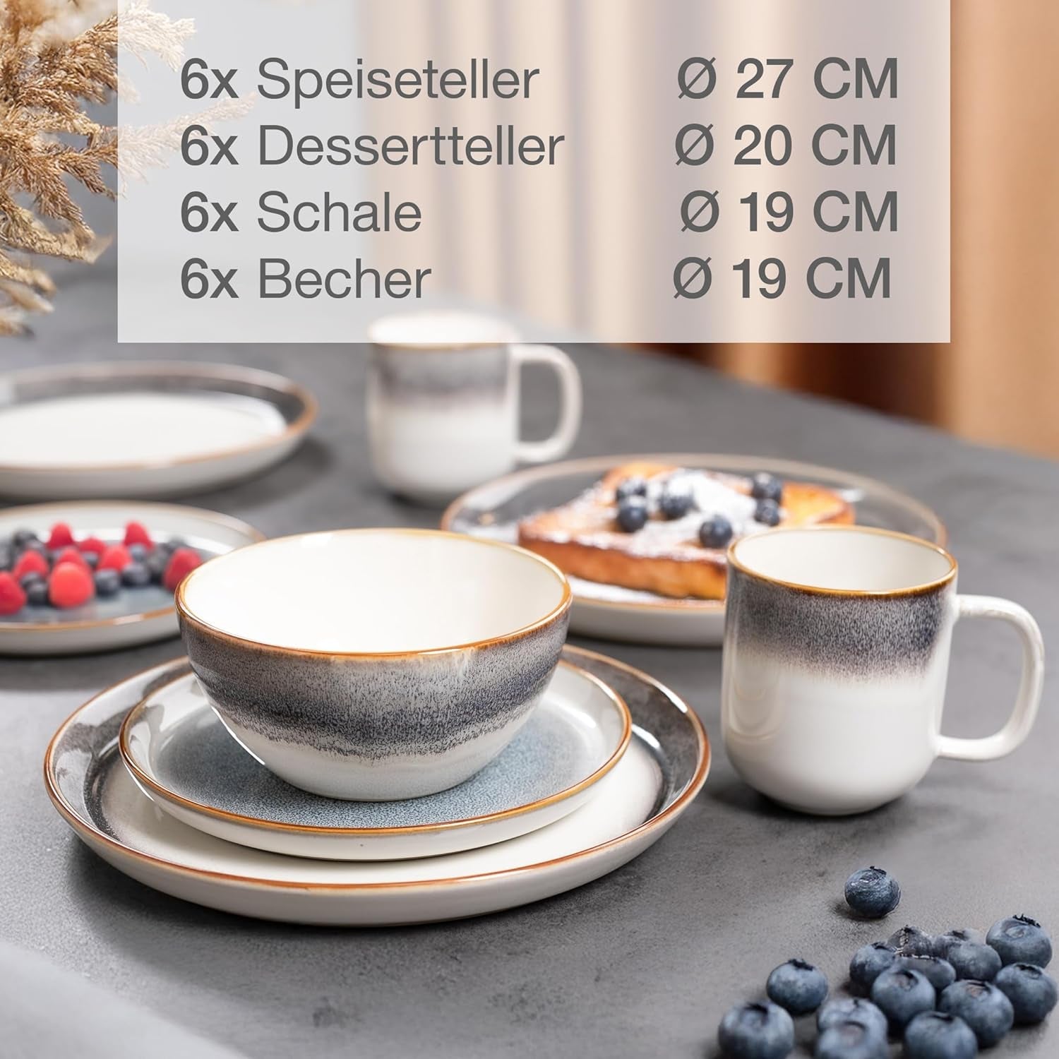 Moritz & Moritz TARENTO Vajilla para 6 personas de 24 piezas, gris - Elegante juego de platos de gres de alta calidad - El juego de vajilla incluye 6 platos llanos, 6 platos de postre, 6 platos llanos y 6 tazas