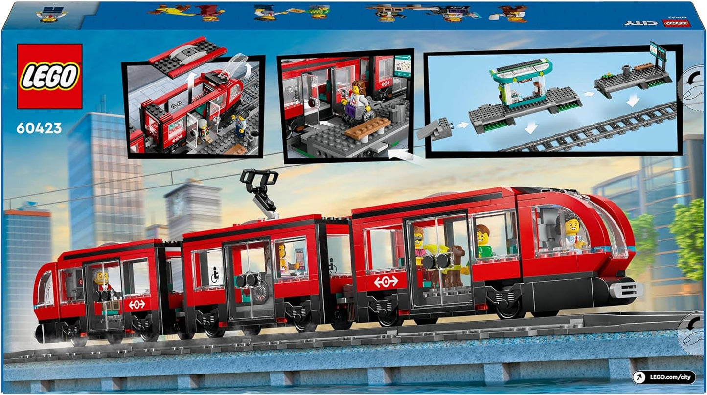 Tranvía LEGO City con estación, idea de regalo para fanáticos de los vehículos de juguete a partir de 7 años, con 6 minifiguras y un perro guía para juegos de rol, juguete de construcción 60423 Juegos de construcción Besuche den LEGO-Store