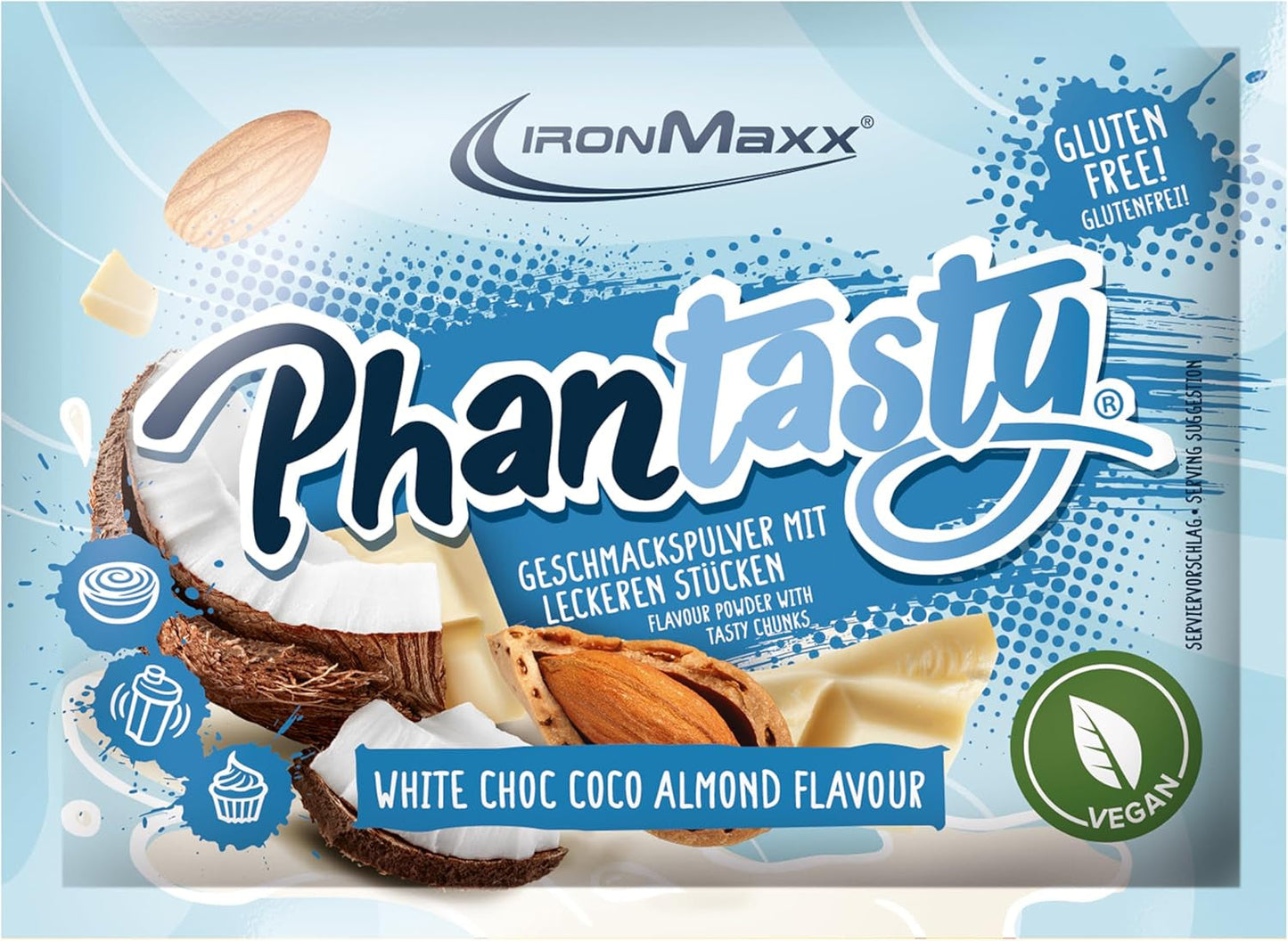 Ironmaxx Phantasty - Melocotón Cremoso Dosis 250G | Vegan Geschmackspulver Mit Echten Frucht- Oder Nussstückchen | Perfekter Zuckerersatz Edulcorantes Naty Shop 15 G (1Er Pack) Choc Blanco - Coco Almendra
