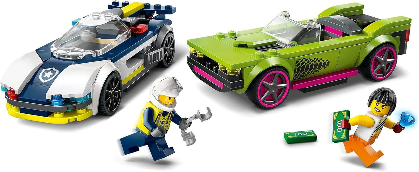 LEGO City Car Chase con coche de policía y muscle car, tren de juguete con 2 coches de carreras, regalo de policía para niños, niños y niñas a partir de 6 años, set con policía y minifiguras Ganovin 60415 Juegos de construcción Besuche den LEGO-Store