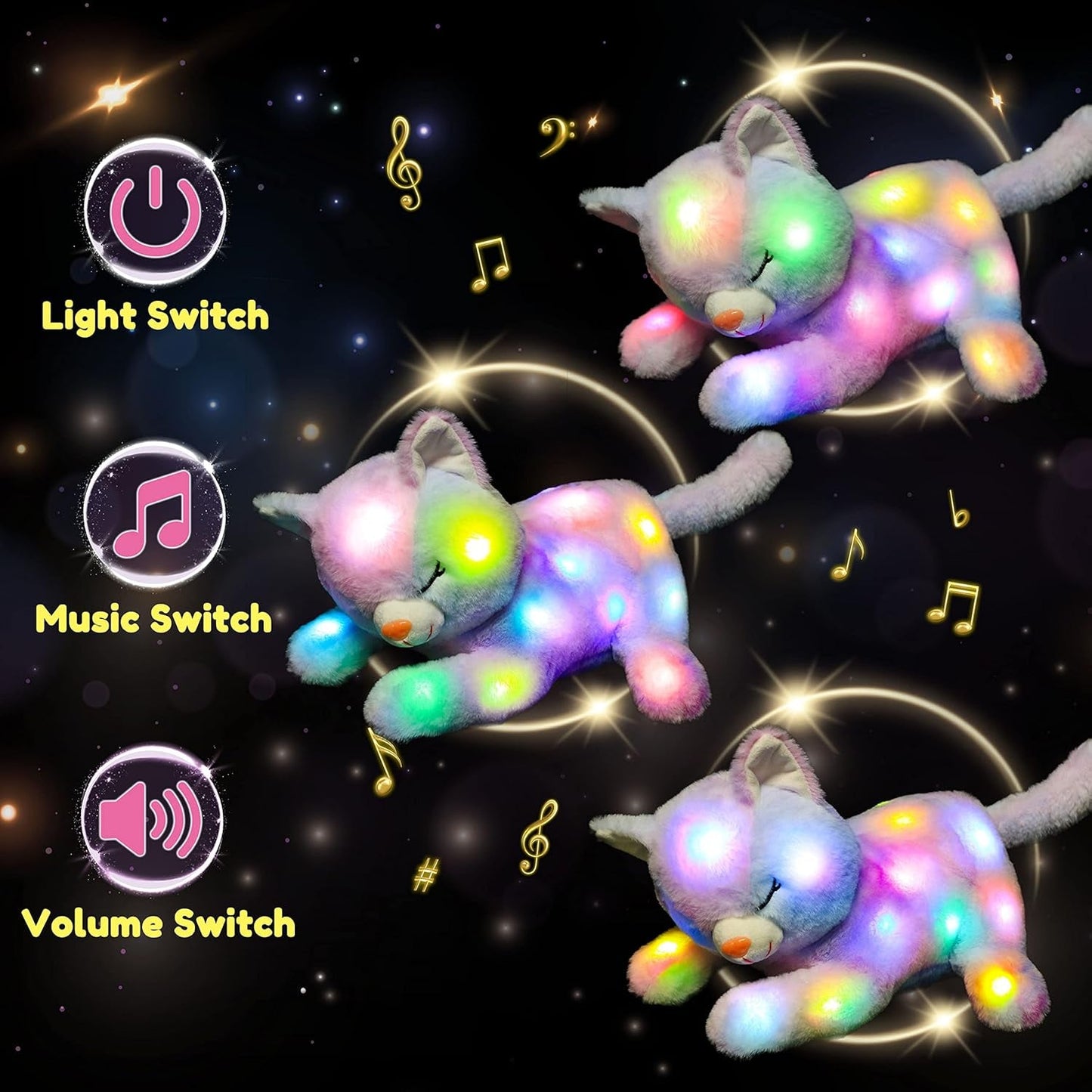 Gato de Peluche Musical LED, Juguete Que Canta con Luz, Madre Gata con 3 Gatitos en el Vientre, Canción de Cuna Animada, Juguete Relajante para Madres, Niños, Niñas, Arco Iris, 45 cm