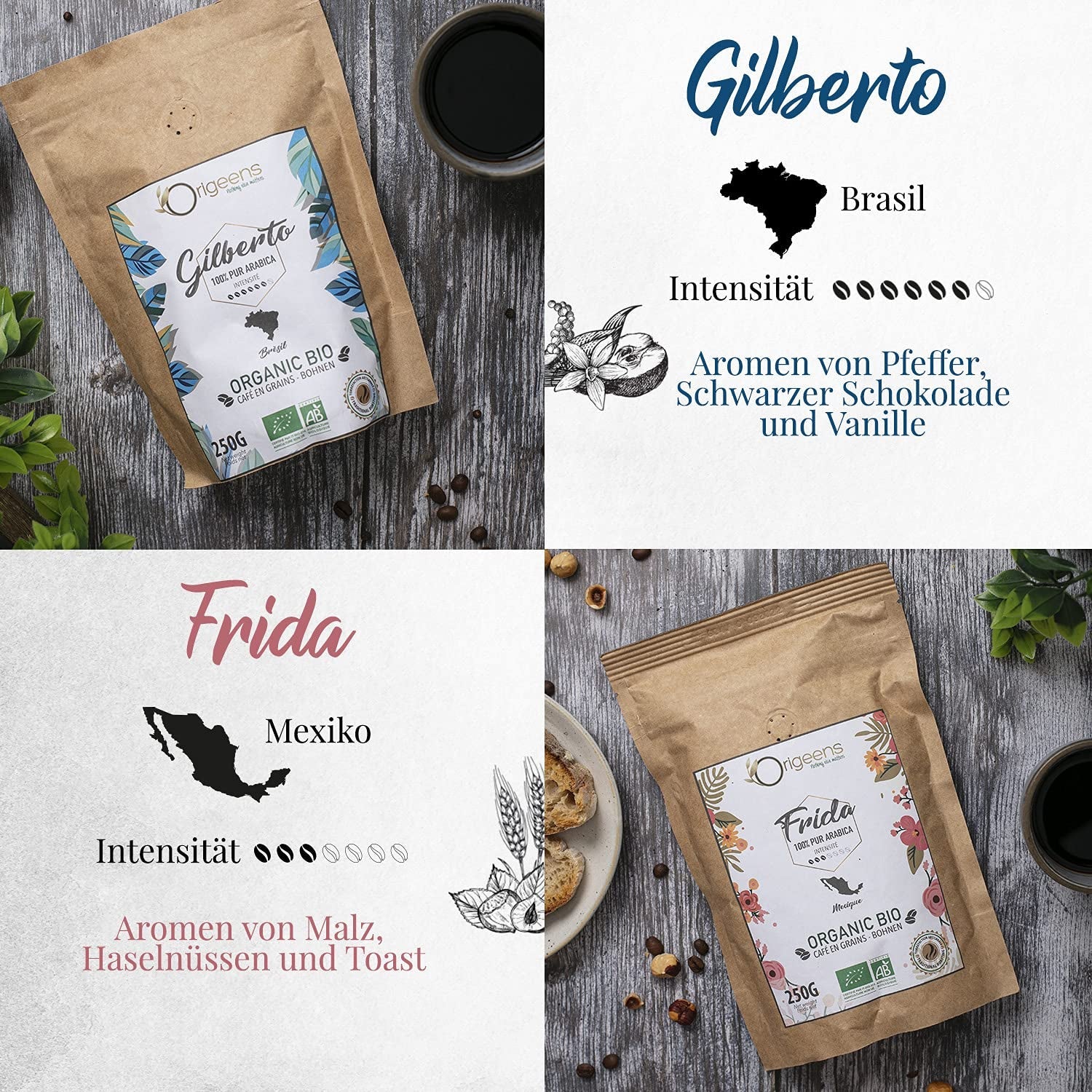 ORIGEENS Bio Café Probierset 1kg | Premium Bio Arábica Kaffee Ganze Bohnen Set 4x250g | Rostung tradicional | Kaffee Geschenkset