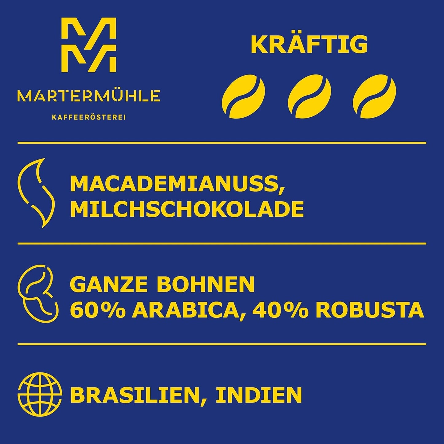 Granos de espresso Martermühle Cioccolato 500g Fuerte | Arábica/Robusta | Sabores: Nueces de macadamia, chocolate con leche | Granos de espresso enteros ligeramente tostados, baja acidez