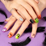 72 piezas de uñas de Halloween, uñas postizas autoadhesivas, uñas artificiales cortas, uñas prensadas autoadhesivas, uñas postizas autoadhesivas, puntas de uñas artificiales, naranja, verde, negro