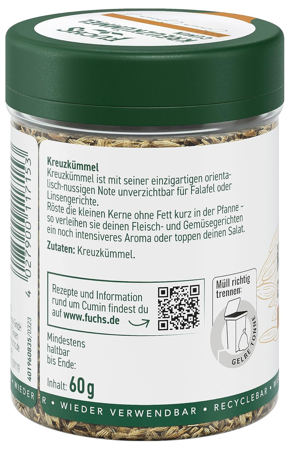Fuchs Gewürze - Kreuzkümmel ganz - orientalisch-nussige Note für Falafel und Linsengerichte - ingredientes naturales - 60 g en wiederverwendbarer, recyclebarer Dosis