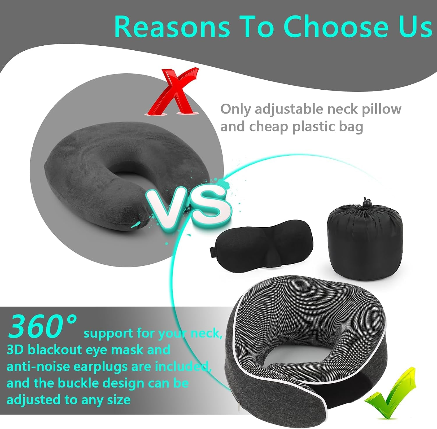 KILDOWS Almohada Cervical para Avión, Almohada de Viaje Viscoelástica, Almohada de Viaje para Avión con Antifaz y Tapones para los Oídos, Almohada Ortopédica para el Cuello, Ideal para Viajar en Avión, Coche, Tren Almohadas Ortopédicas Cervicales Naty Shop