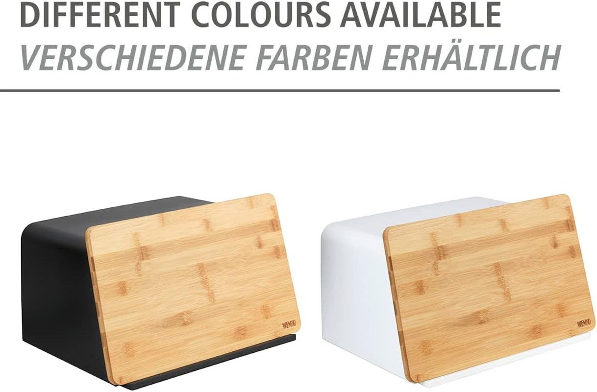 WENKO Kubo Panera con Tabla de Bambú, Versátil Panera con Tapa y Tabla de Cortar de Bambú Integrada, Caja de Almacenamiento de Alimentos, Almacenamiento de Pan Duradero, 35 x 20,5 x 26 cm, Cajas de Almacenamiento de Alimentos Negras/Naturales Naty Shop