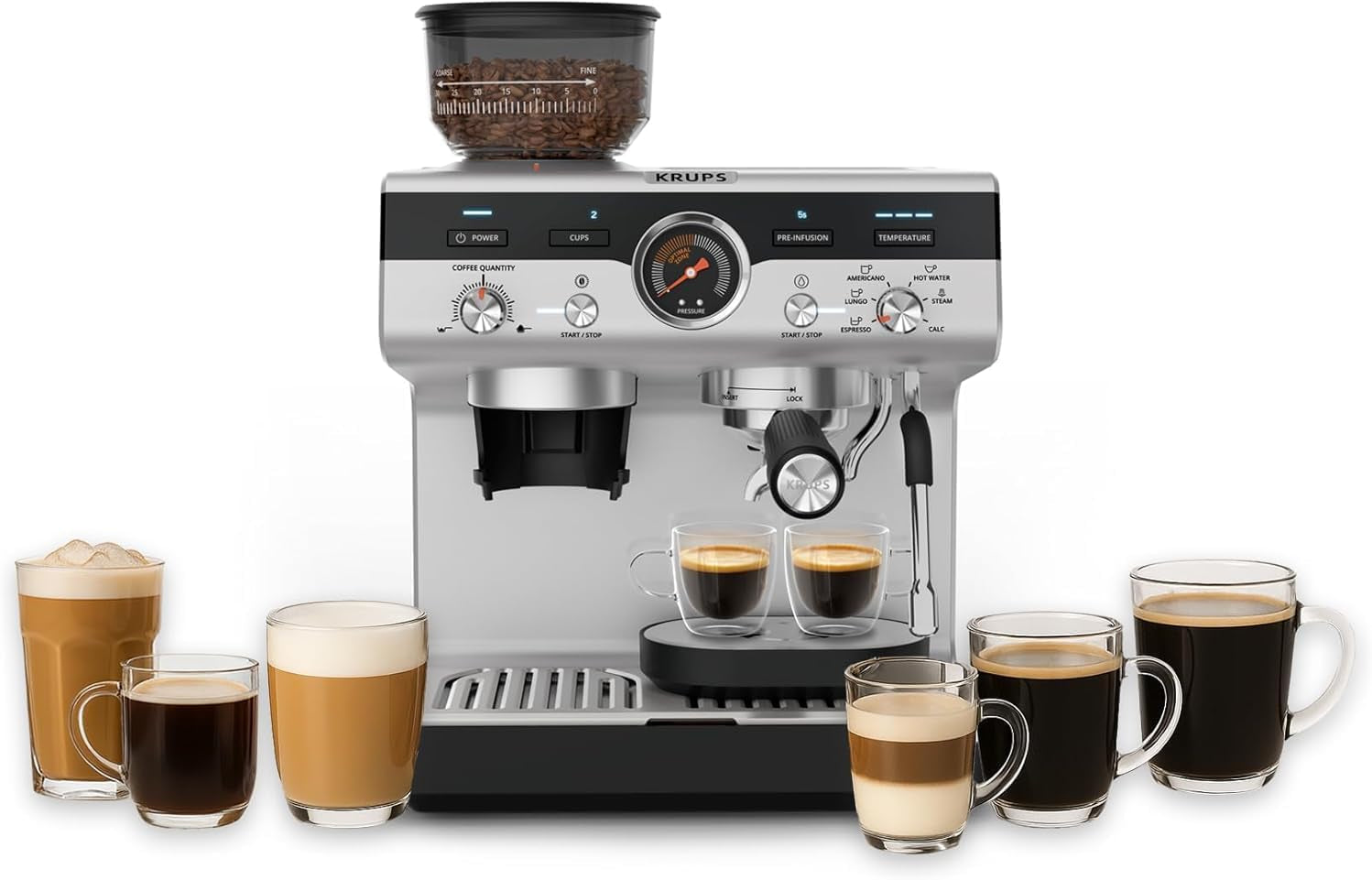Krups Precision Cafetera espresso manual con portafiltro y molinillo, Cafetera barista con panel de control intuitivo, ajustes de preinfusión, Cafetera espresso con boquilla de vapor, calentamiento rápido, XP801T10