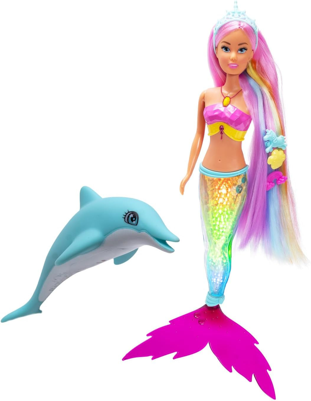 Simba Steffi Love Muñeca Sirena Mermaizing con función de luz arcoíris, pelo extralargo, figura de delfín y pinzas para el pelo, 39 cm de altura, función Try-Me, a partir de 3 años