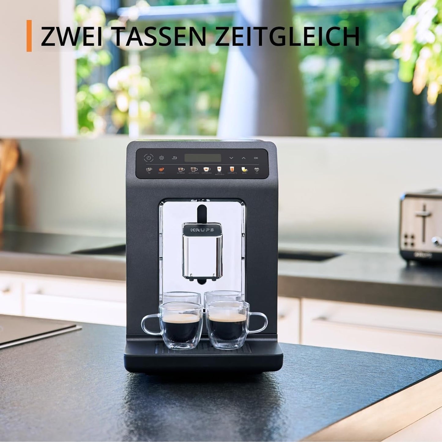 KRUPS Evidence One Cafetera espresso automática con manguera para leche, capuchino de un toque, 12 bebidas especiales, función de 2 tazas, pantalla a color, cafetera espresso, certificado TÜV, negra, EA895N10