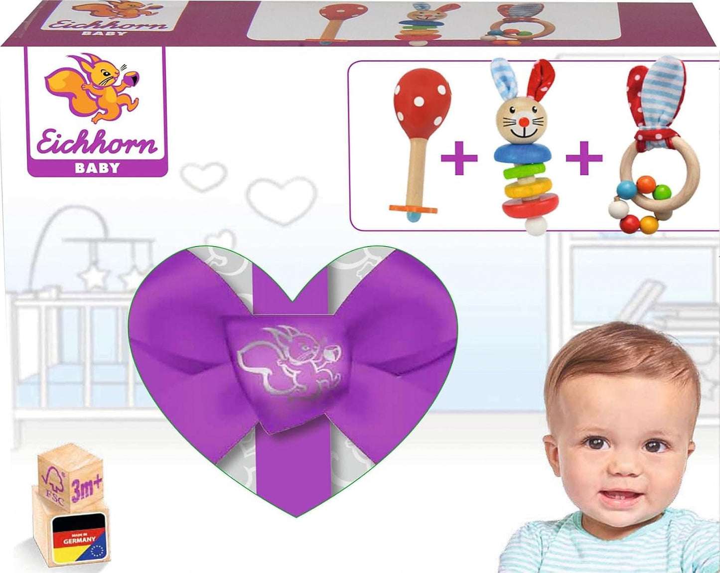 Eichhorn 100017045 - Set de iniciación/regalo para bebé con maraca, juguete con sonido y juguete con estampado de conejo, 3 piezas, a partir de 3 meses Juguetes Bebe Naty Shop