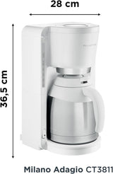 Cafetera de filtro Rowenta CT3811 Adagio Milano | Con jarra térmica de acero inoxidable | 10-15 tazas | Apagado automático | Blanco/Acero inoxidable