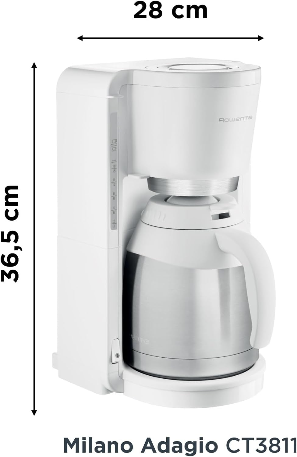 Cafetera de filtro Rowenta CT3811 Adagio Milano | Con jarra térmica de acero inoxidable | 10-15 tazas | Apagado automático | Blanco/Acero inoxidable