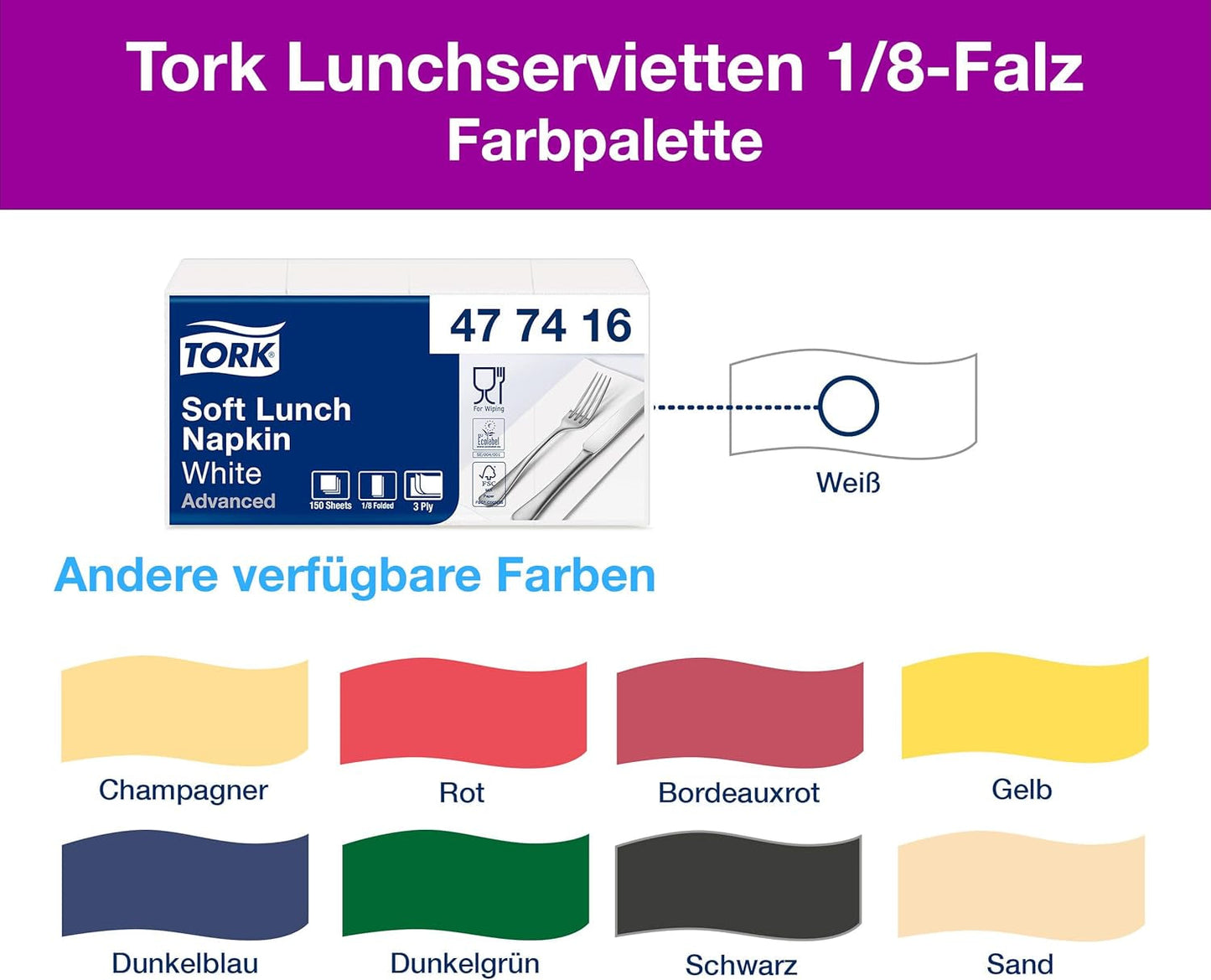 Tork Servilleta suave para el almuerzo blanca, pliegue 1/8, 3 capas, 33 cm × 33 cm, 150 servilletas, 477416