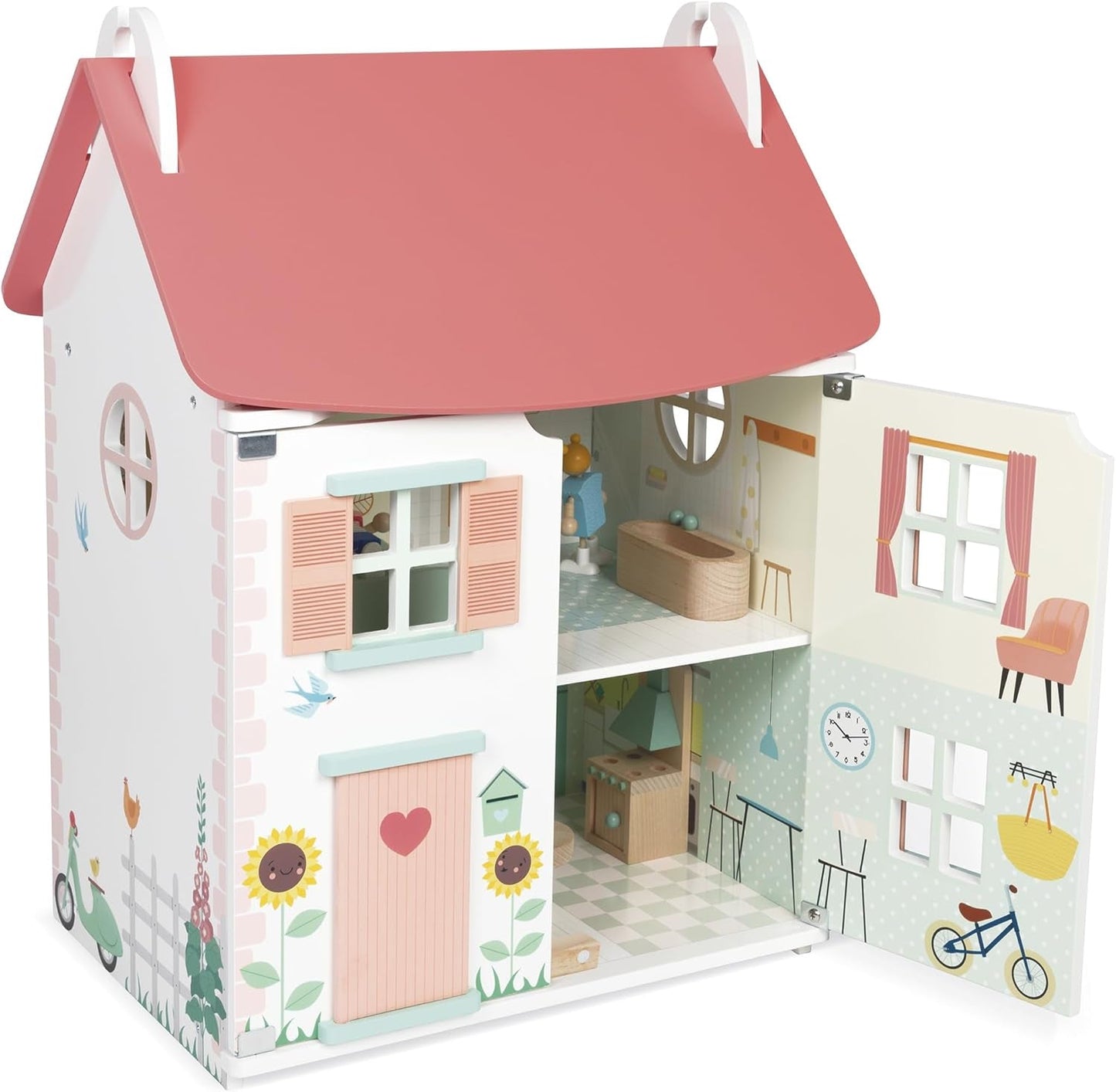 Janod - Mi primera casa de muñecas de madera - 10 accesorios - Muebles para muñecas - Puertas magnéticas y techo desmontable - Juguete de madera certificado FSC - A partir de 3 años