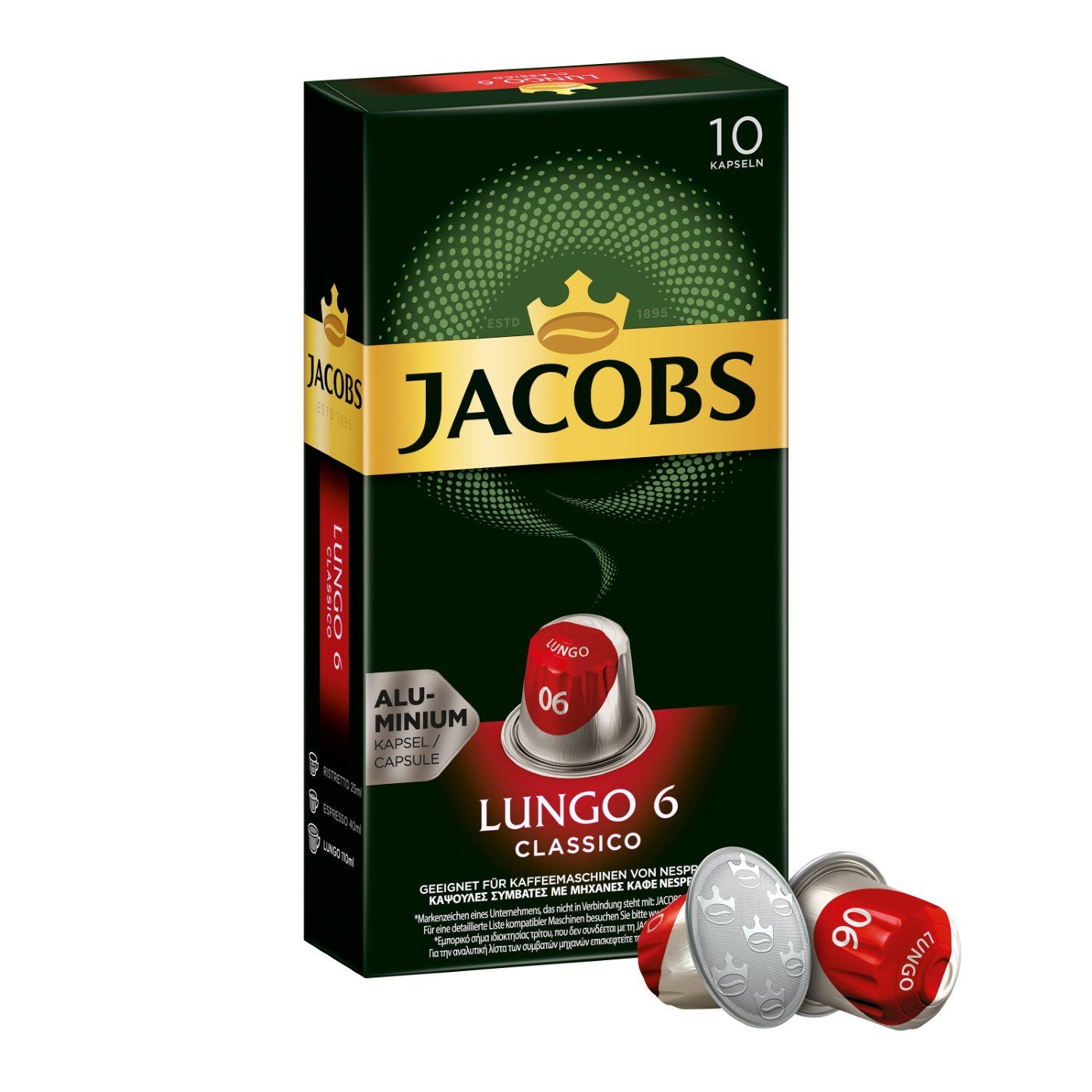 Jacobs Kapseln Lungo Intenso, Intensität 8 & Kapseln Lungo Classico, Intensität 6, 100 cápsulas de café compatibles con Nespresso®*, paquete de 10, 10 x 10 unidades