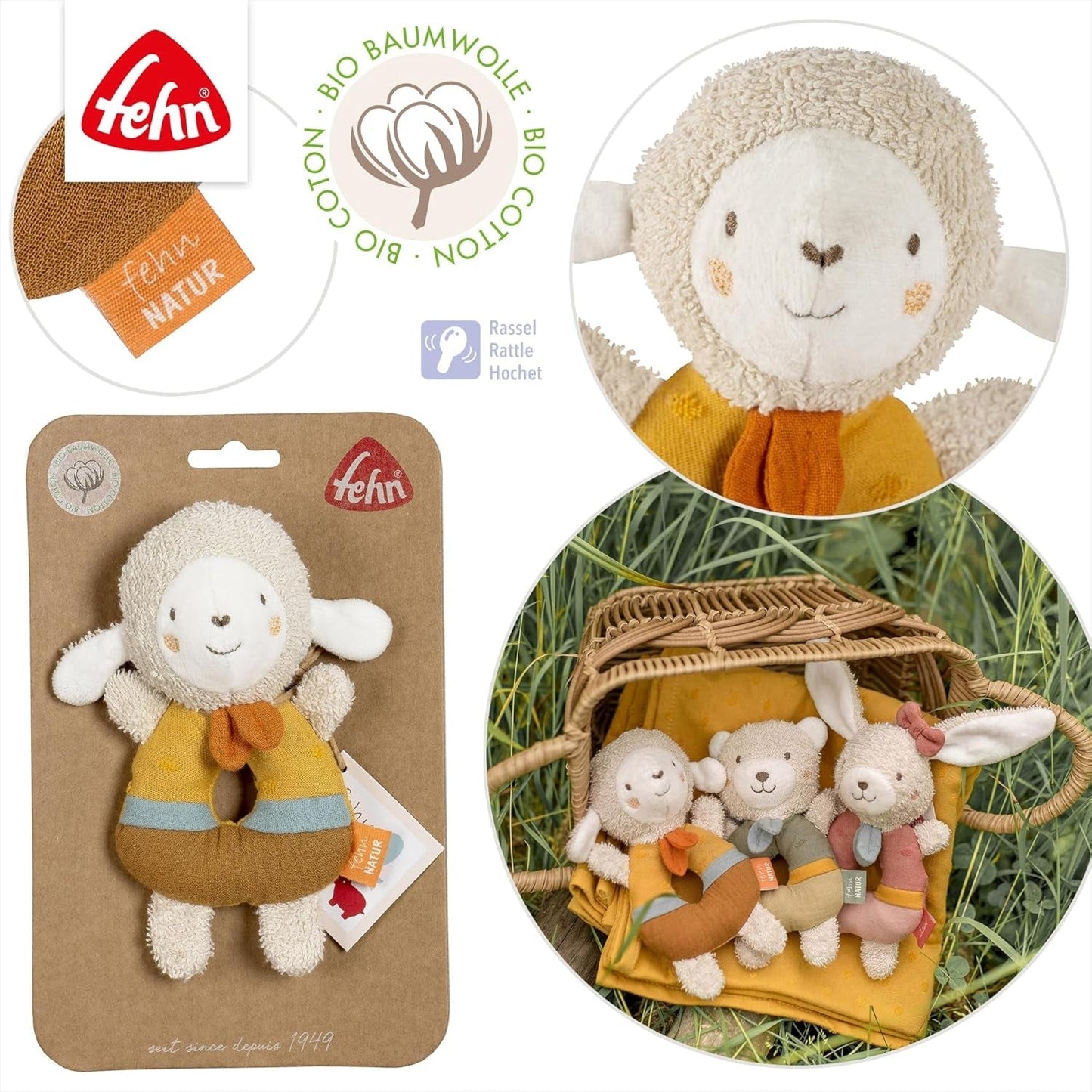Fehn Baby Grip Ring Oveja de juguete fehnNATUR - Peluche con algodón orgánico - Juguete para bebé con cascabel y divertido juguete educativo - Juguete de agarre para bebés y niños pequeños a partir de 0 meses Baby Toys Naty Shop