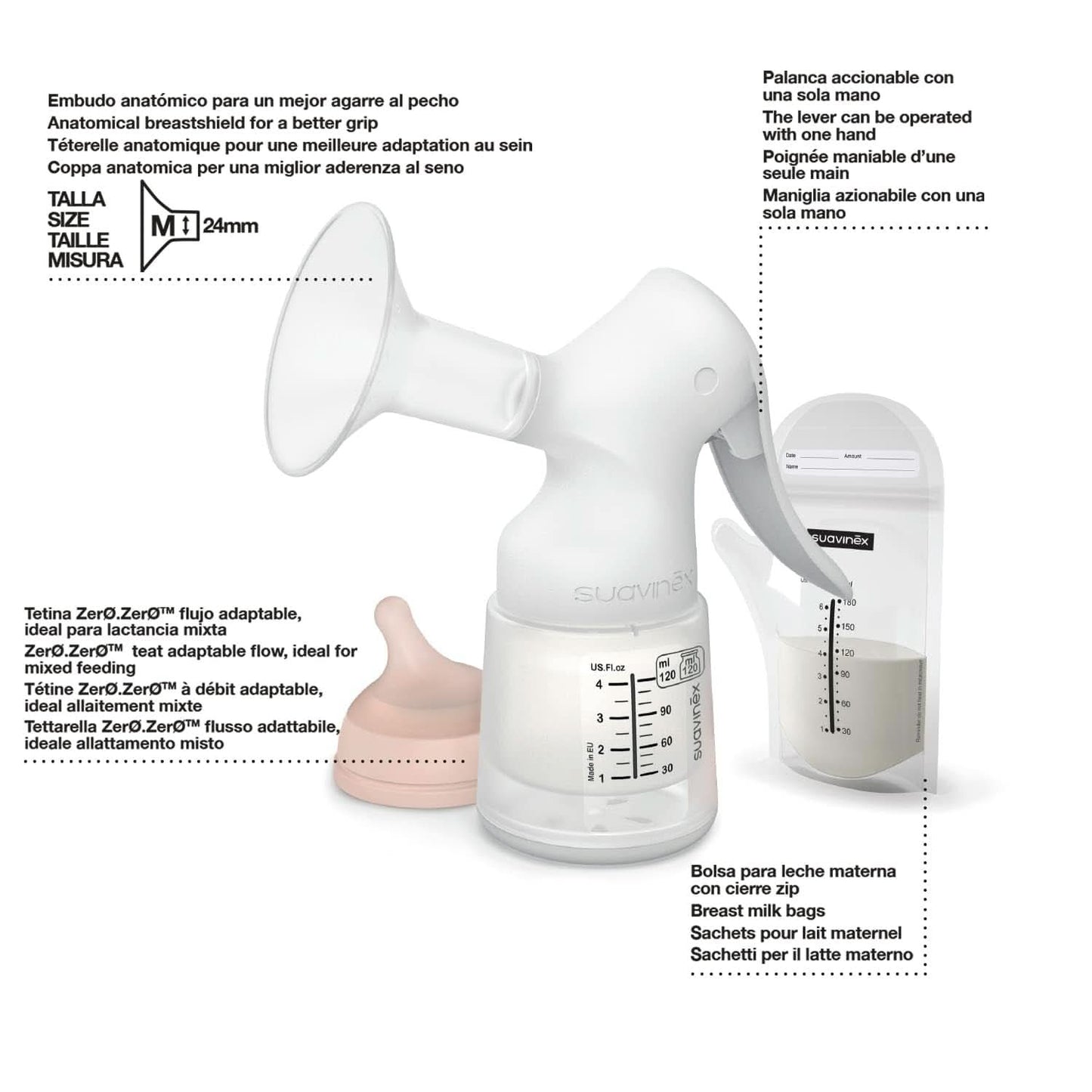 Suavinex, Sacaleches Materno, 120 ml, con flujo regulable Alimentación y Accesorios Lactancia Tienda Bebe Naty