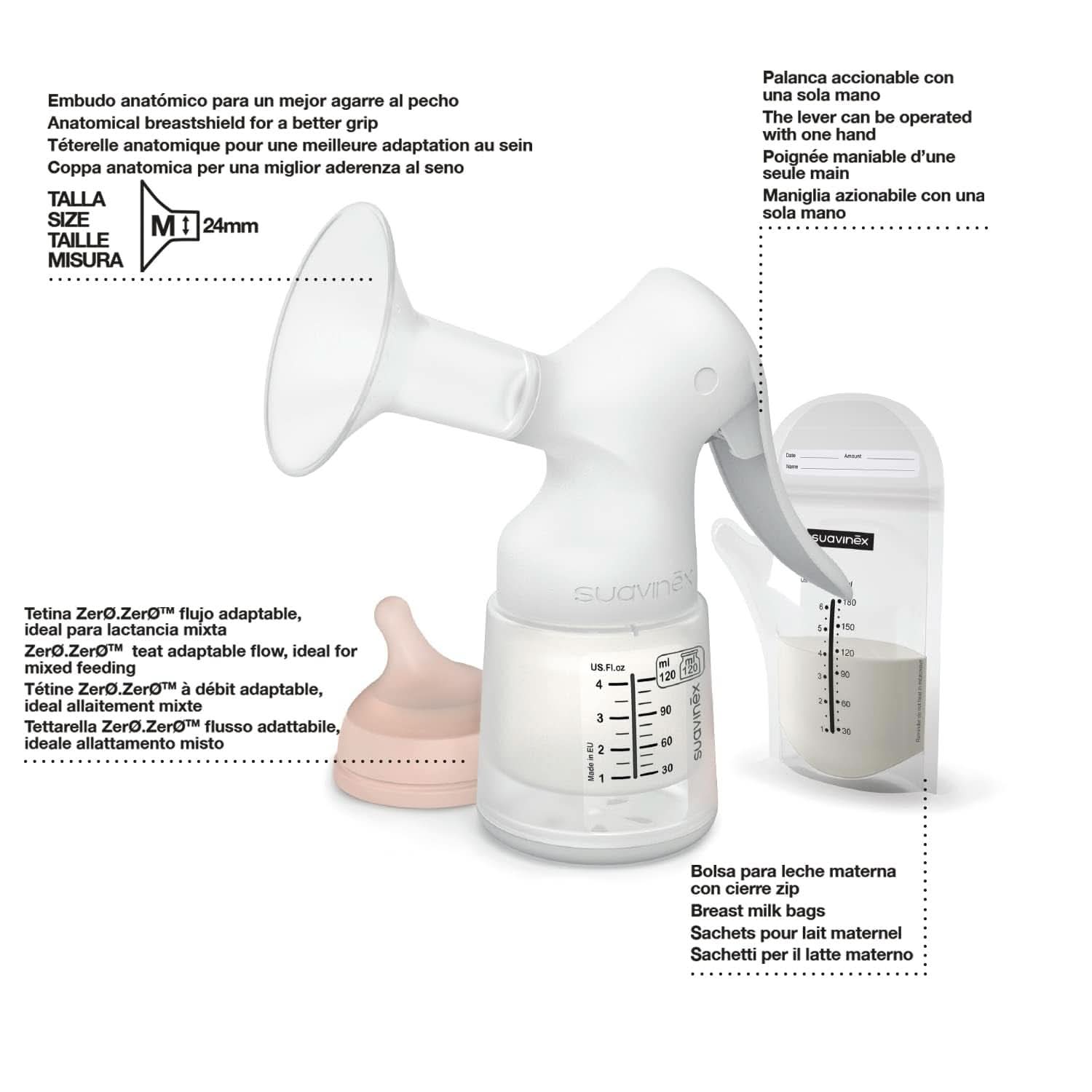 Suavinex, Sacaleches Materno, 120 ml, con flujo regulable Alimentación y Accesorios Lactancia Tienda Bebe Naty