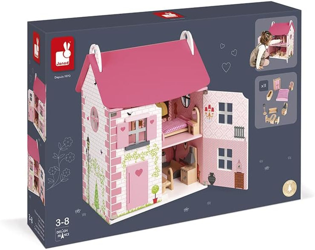 Janod - Casa de Muñecas Mademoiselle de Madera, 3 Pisos y 11 Accesorios, Réplica de Juguete, Desarrolla la Imaginación, A partir de 3 años, J06581, Rosa Naty Shop Casas de Muñecas