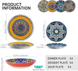 HENXFEN LEAD Vajilla de Porcelana, Vajilla de 12 Piezas para 4, Vajilla Colorida para 4 - Platos Pintados a Mano, Platos de Postre, Platos de Sopa - Estilo Bohemio