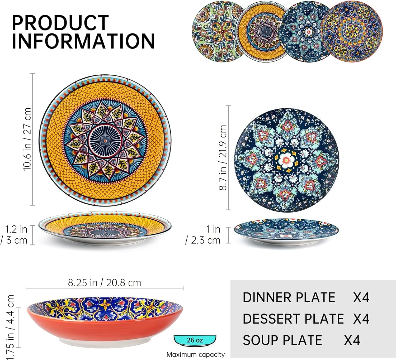 HENXFEN LEAD Vajilla de Porcelana, Vajilla de 12 Piezas para 4, Vajilla Colorida para 4 - Platos Pintados a Mano, Platos de Postre, Platos de Sopa - Estilo Bohemio