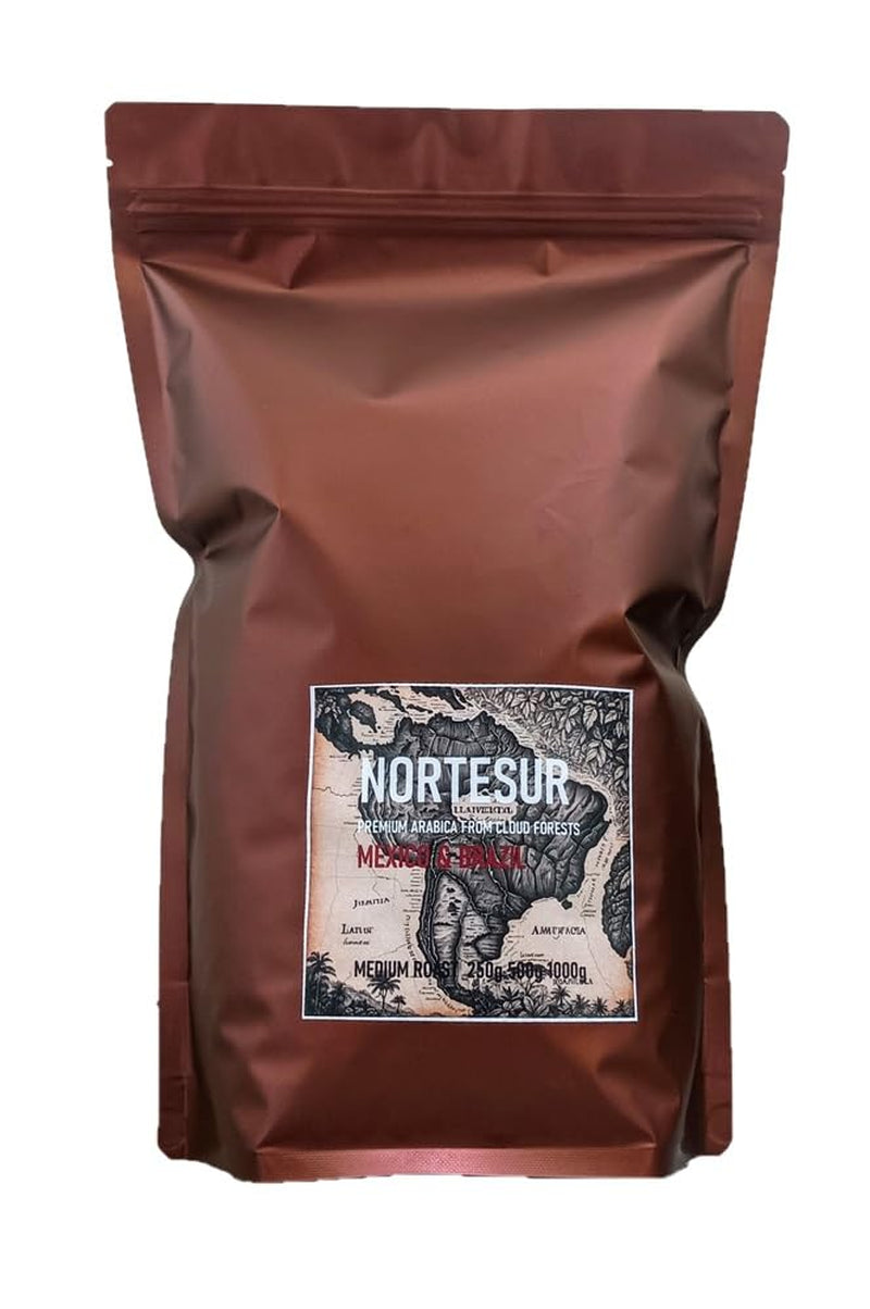 Café Norte Sur, café fuerte para la molienda diaria. 100% Arábica de México y Brasil.