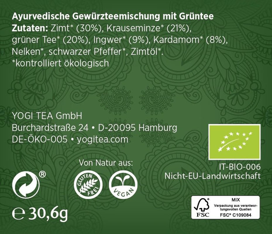 Yogi Tea Green Chai, té especiado ayurvédico orgánico, mezcla de canela, menta, té verde, jengibre, cardamomo y clavo, 6 x 17 bolsitas de té (102 bolsitas de té en total)