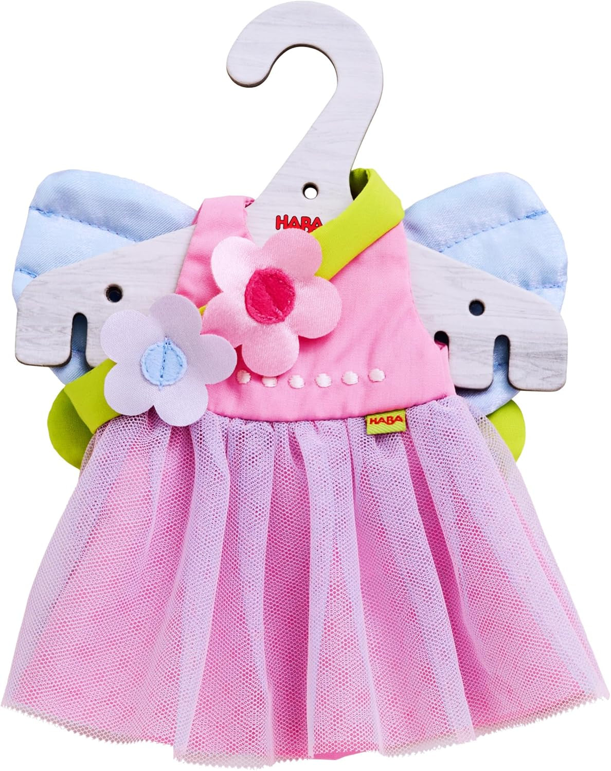 HABA Ropa para muñecas Fairy Magic - Juego de 2 piezas para muñecas de 18 meses en adelante (30 cm) - Vestido de tul con alas, diadema de flores incluida - 1306243001