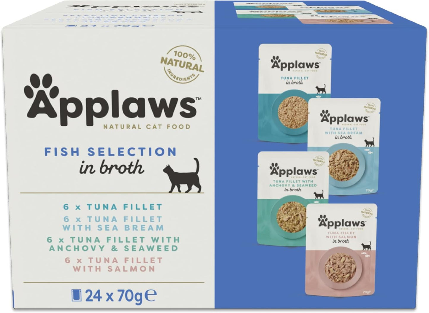 Applaws Comida Húmeda para Gatos 100% Natural Selección de Pescado Sobres en Caldo - Paquete de 24 sobres x 70g