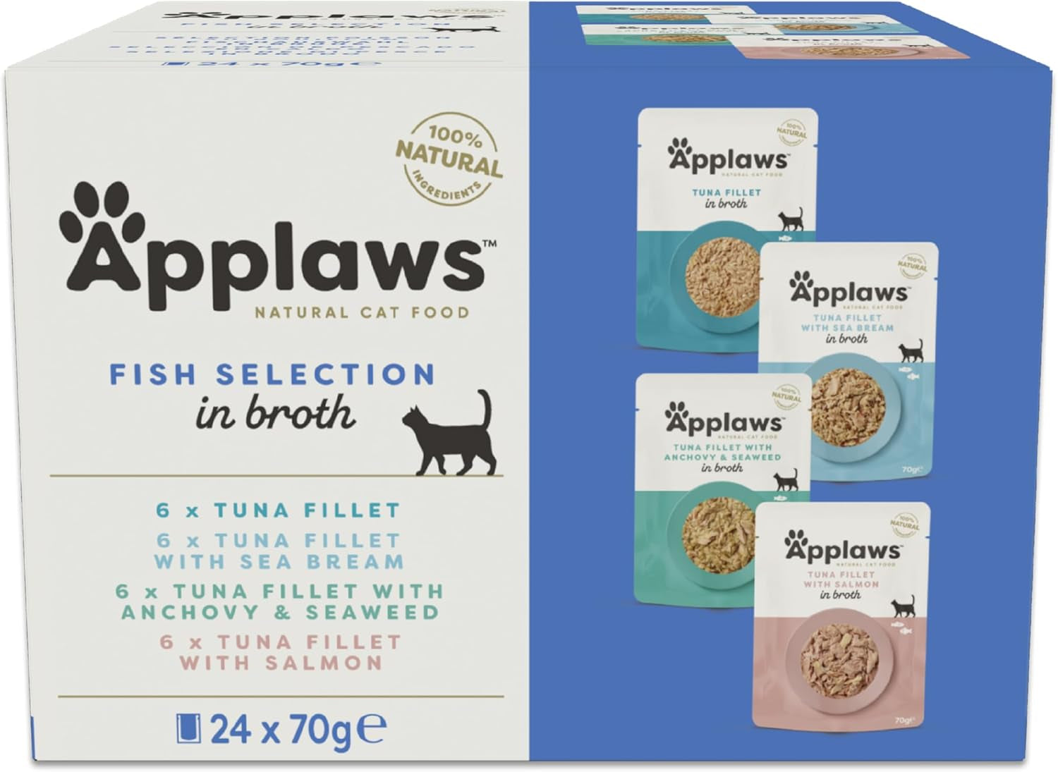 Applaws Comida Húmeda para Gatos 100% Natural Selección de Pescado Sobres en Caldo - Paquete de 24 sobres x 70g