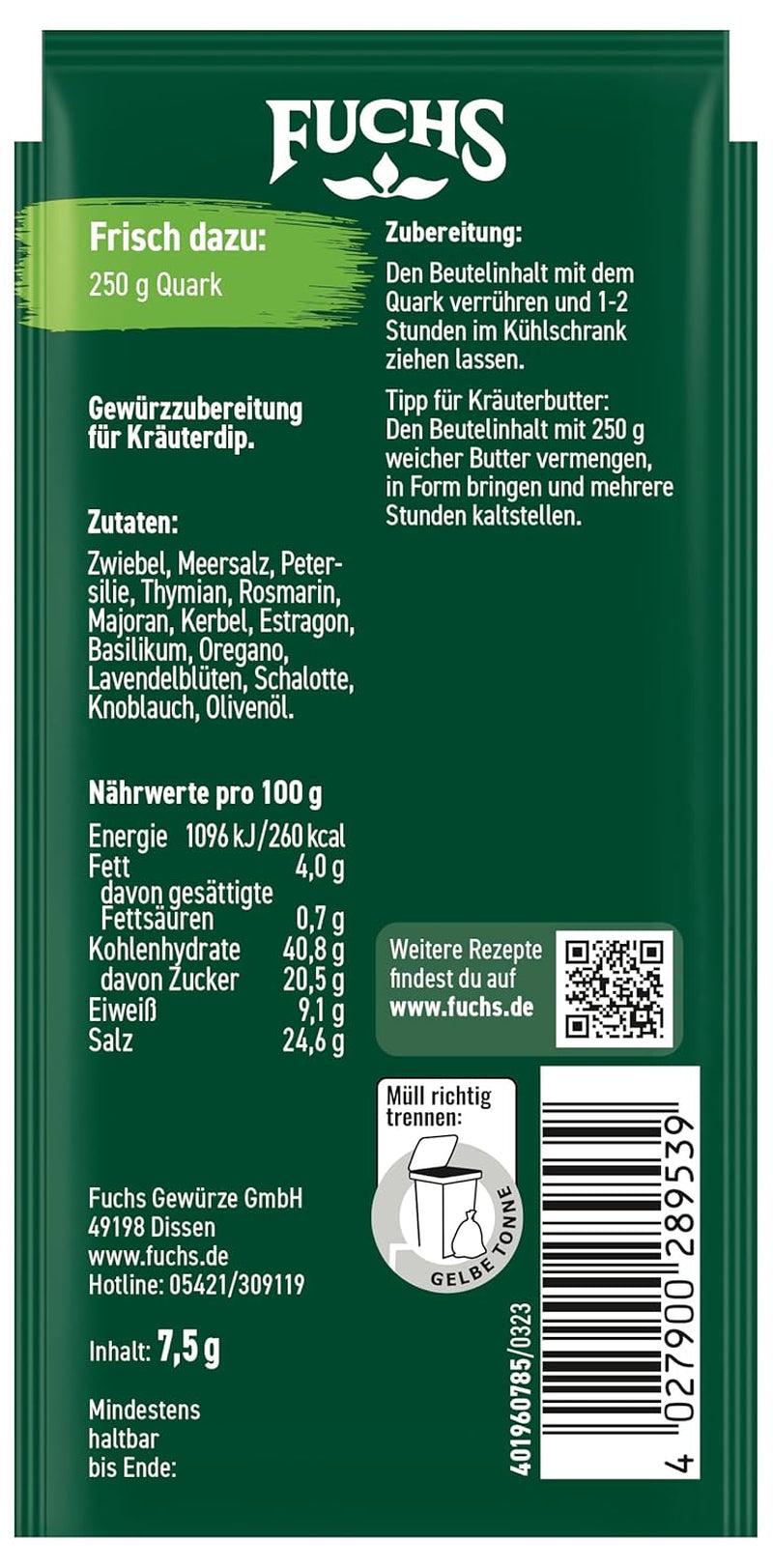 Fuchs Gewürze - ¡Vamos a sumergirnos! Kräuter der Provence Gewürzzubereitung, Gewürz für Kräuterquarkdip, 7,5 g en la bolsa