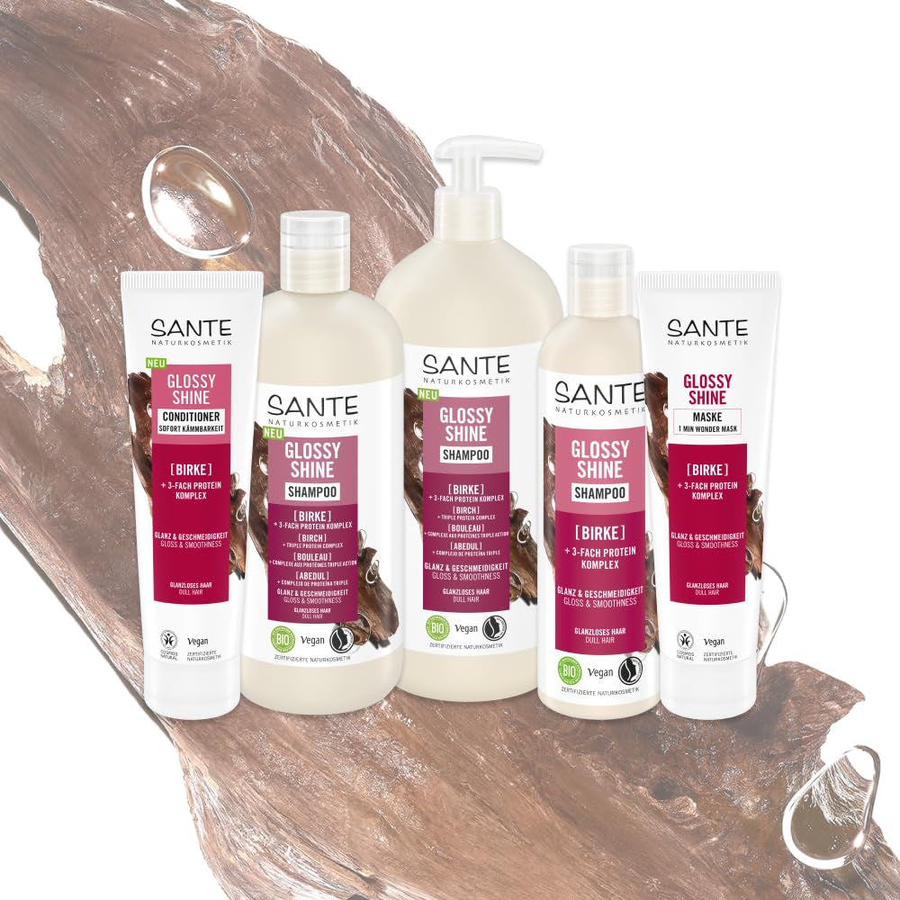 SANTE Naturkosmetik Glossy Shine Mask extracto de hoja de abedul orgánico + 3x complejo de proteínas, mascarilla capilar hidratante y sin silicona, cuidado del cabello vegano para más brillo y flexibilidad, 150 ml Naty Shop Hair Mask