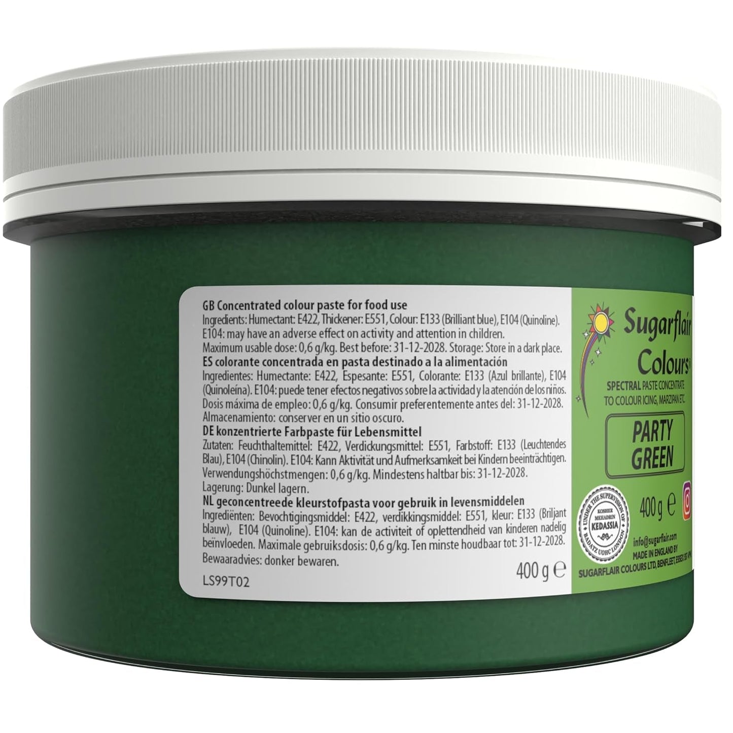 Sugarflair Partygreen Pasta Colorante alimentario, colorante alimentario para fondant y mazapán, pasta concentrada espectral - 400 g