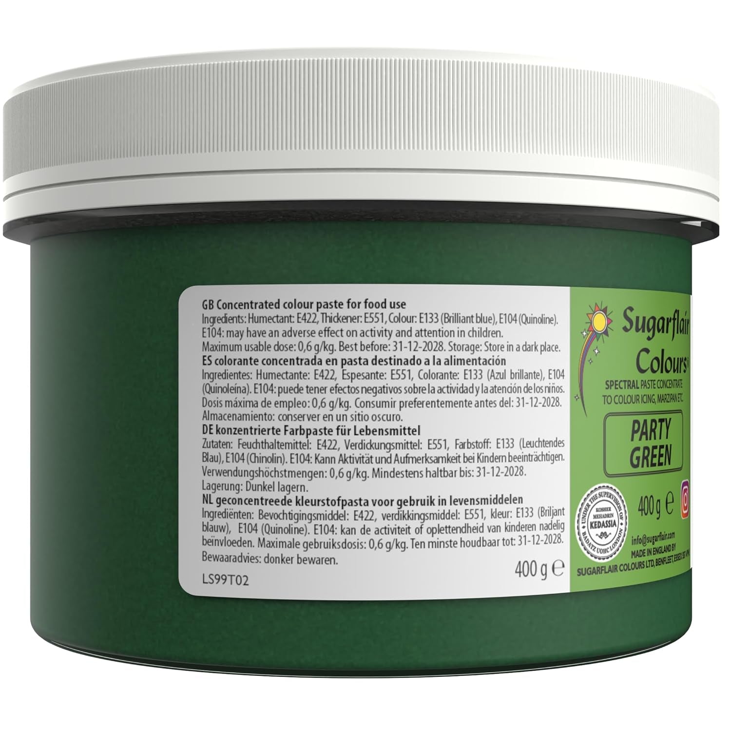Sugarflair Partygreen Pasta Colorante alimentario, colorante alimentario para fondant y mazapán, pasta concentrada espectral - 400 g