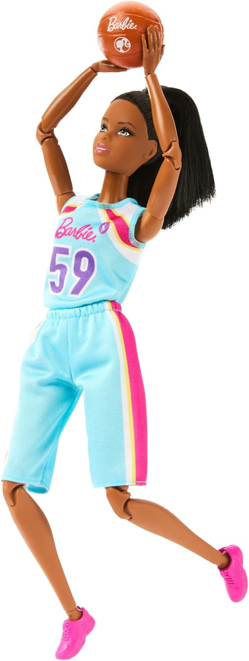 Barbie Made to Move Muñeca y Accesorios, Jugadora de Baloncesto Morena con Vestido Deportivo Desmontable y Pelota, 22 Articulaciones, HKT74