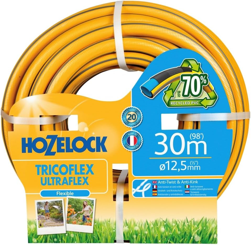 HOZELOCK - Manguera Tricoflex Ultraflex Ø 12,5 mm (1/2") 20 M: Manguera de jardín flexible, resistente a la intemperie, resistente a torceduras y dobleces, fabricada con un 40% de PVC reciclado [117002], amarilla