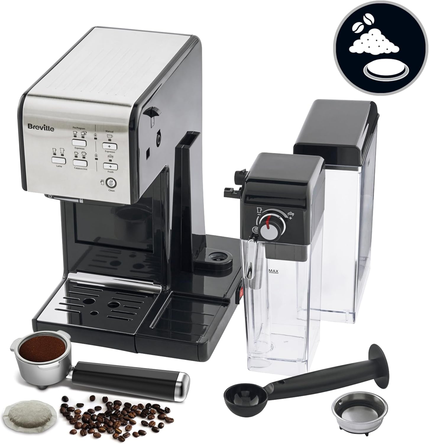 Café exprés Bréville Prima Latte II | Máquina de café con leche y capuchino | Bomba profesional con 15 bar y espumador de leche | Plata [VCF108X]